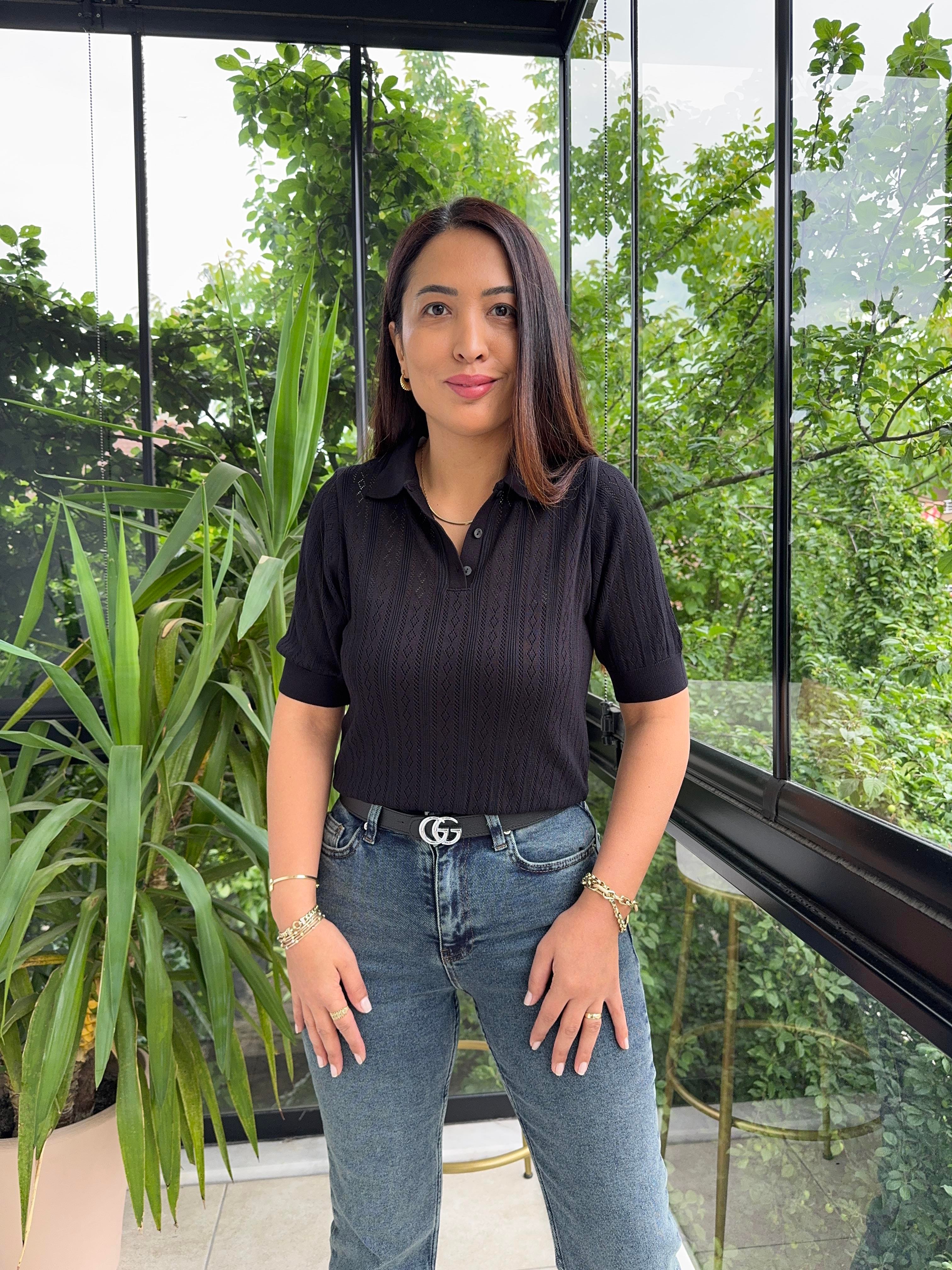 Polo Yaka Ajurlu Kısa Kol Triko Siyah