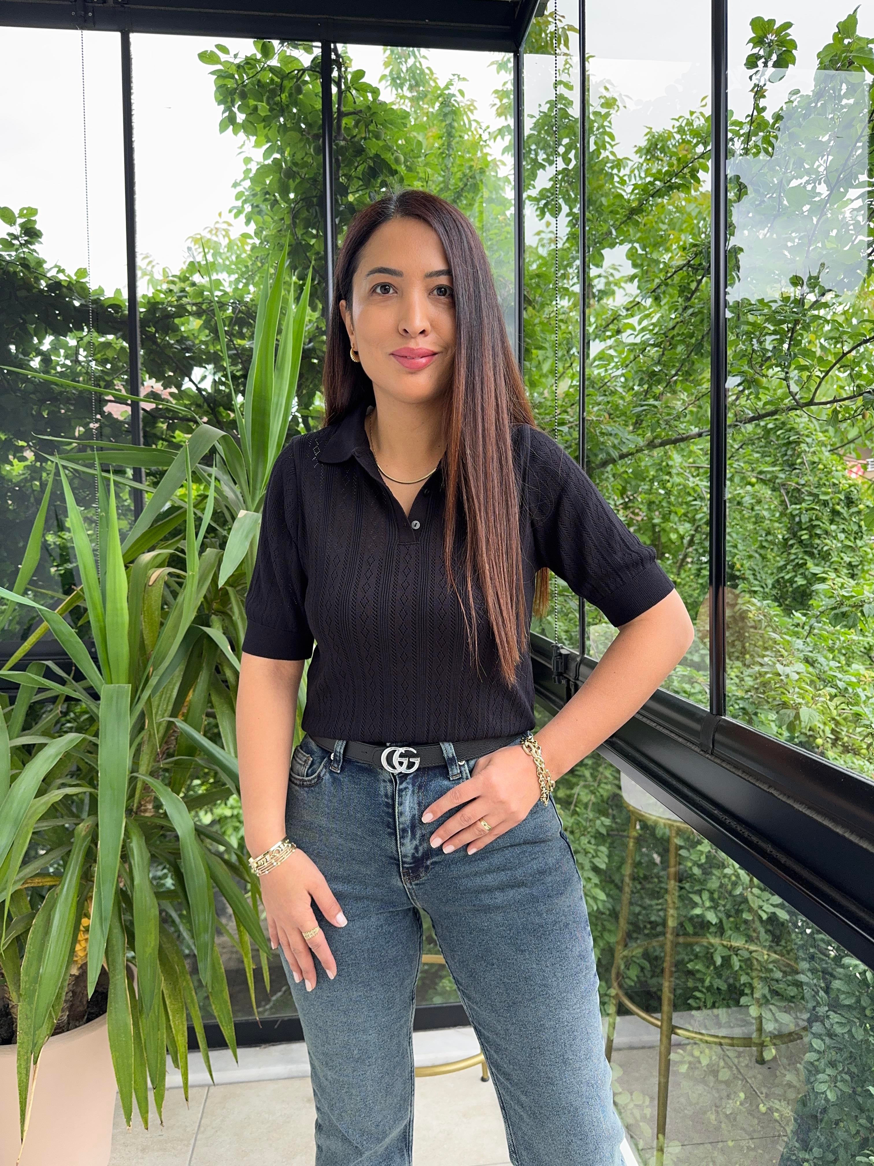 Polo Yaka Ajurlu Kısa Kol Triko Siyah