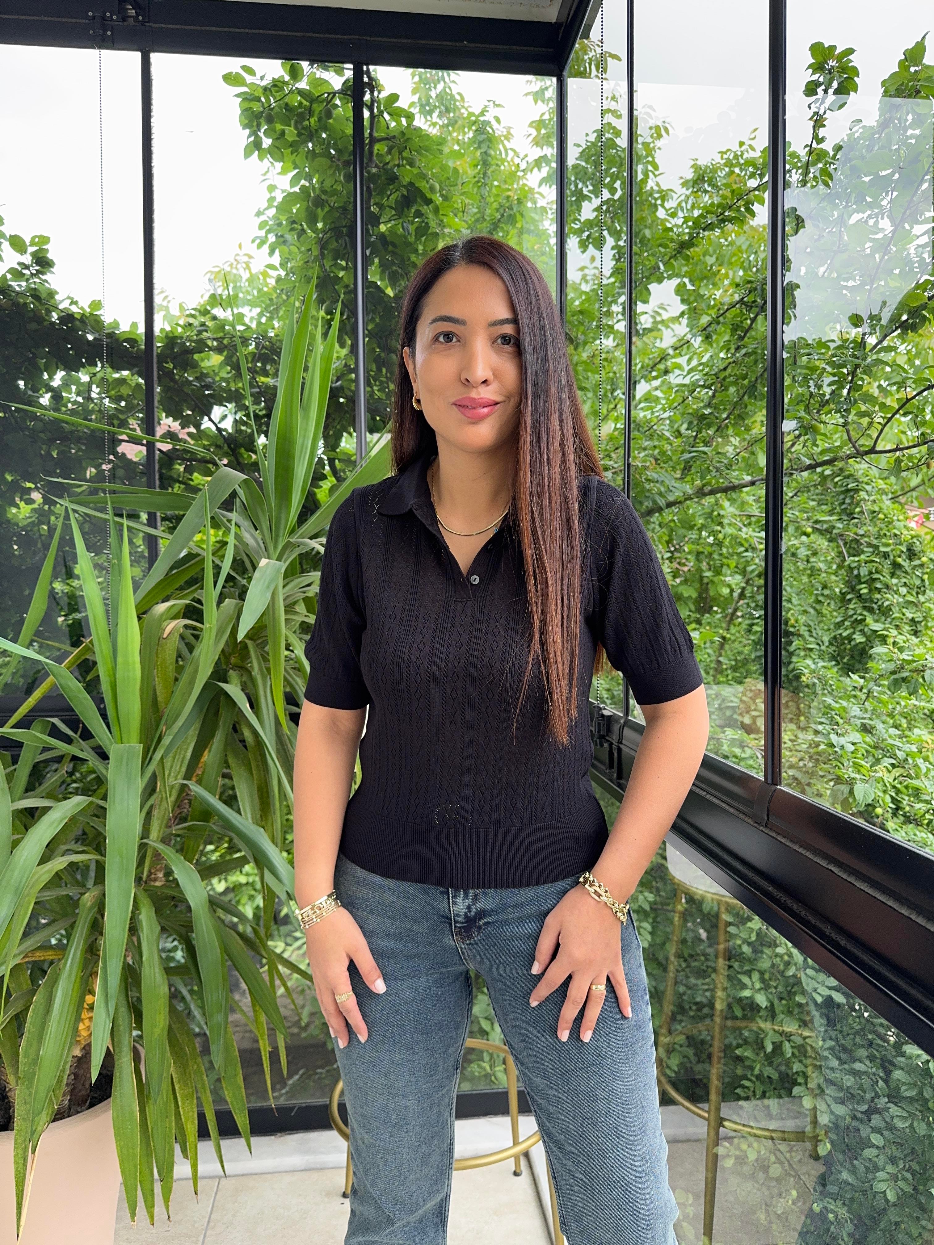 Polo Yaka Ajurlu Kısa Kol Triko Siyah