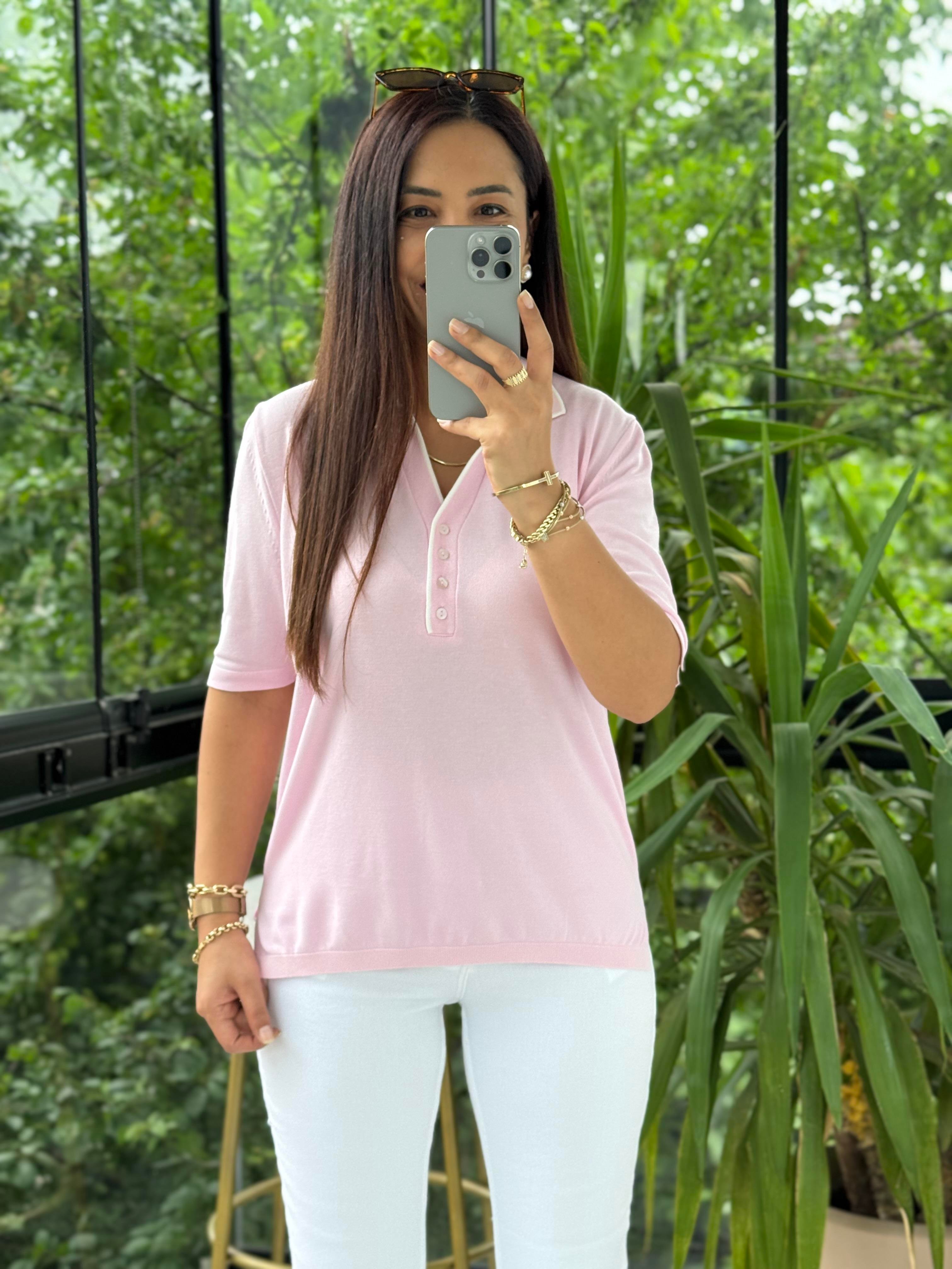 Polo Yaka Özel Düğmeli Triko Bluz Pembe