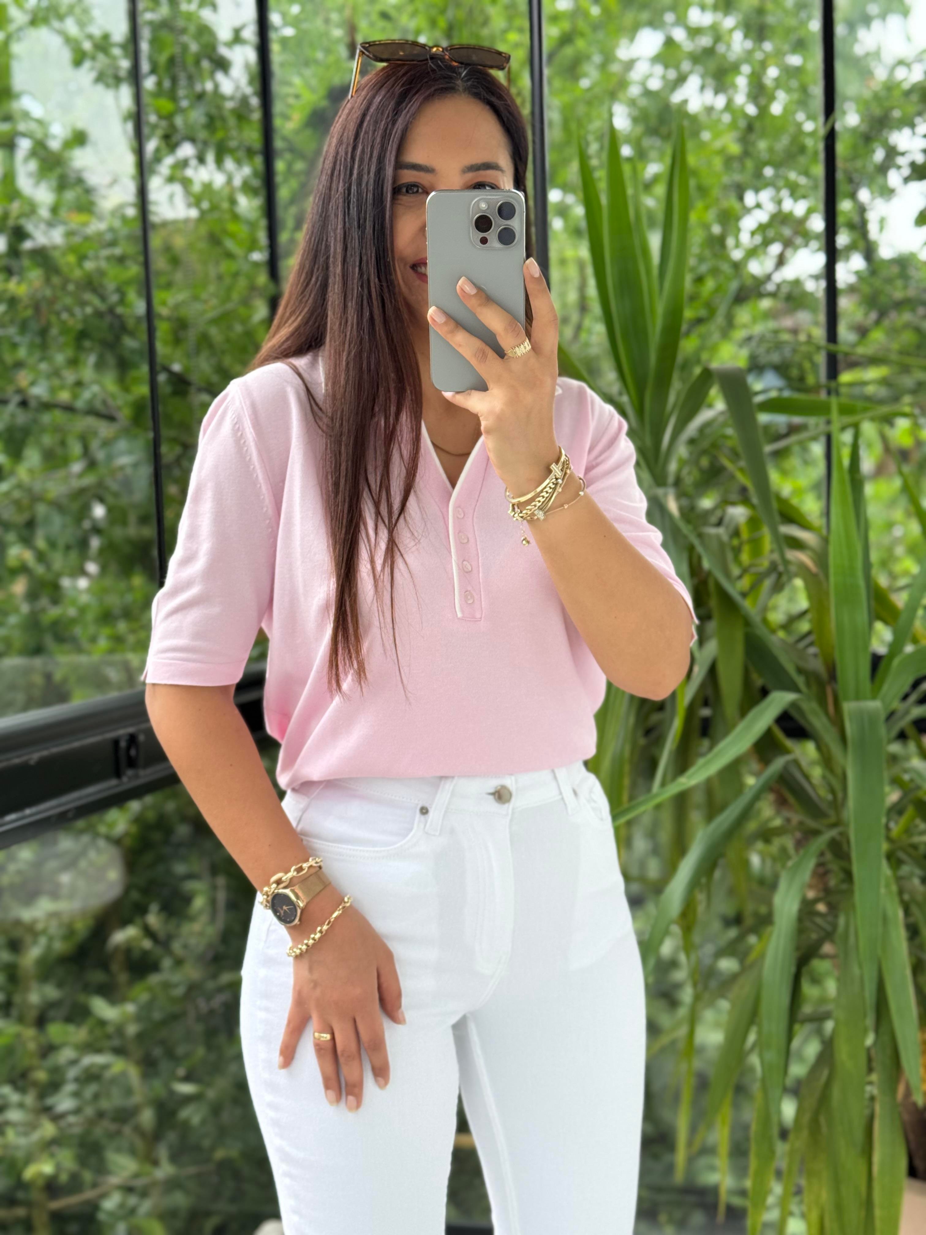 Polo Yaka Özel Düğmeli Triko Bluz Pembe