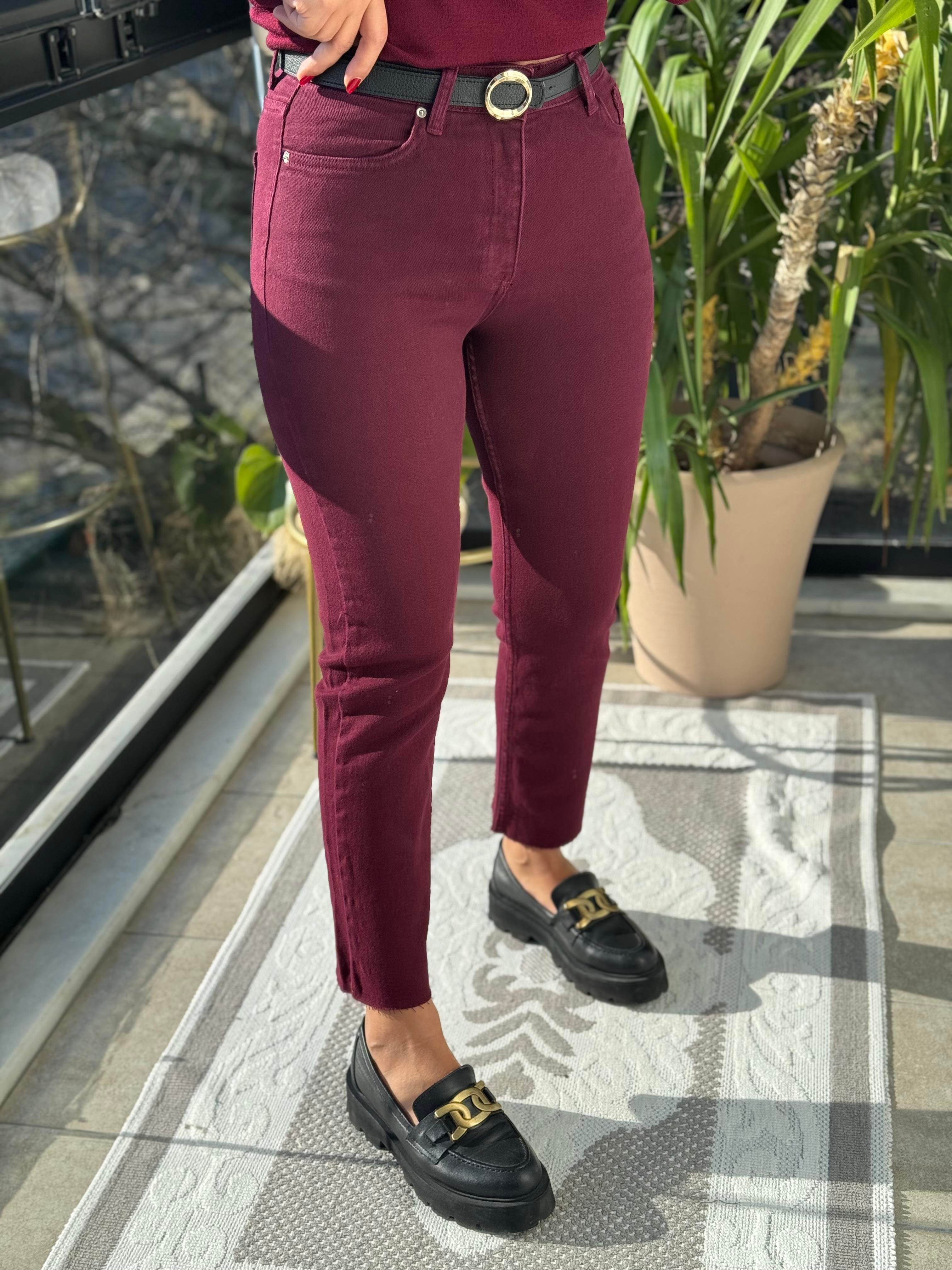 Premium Kalite Kesik Paça Jean Bordo