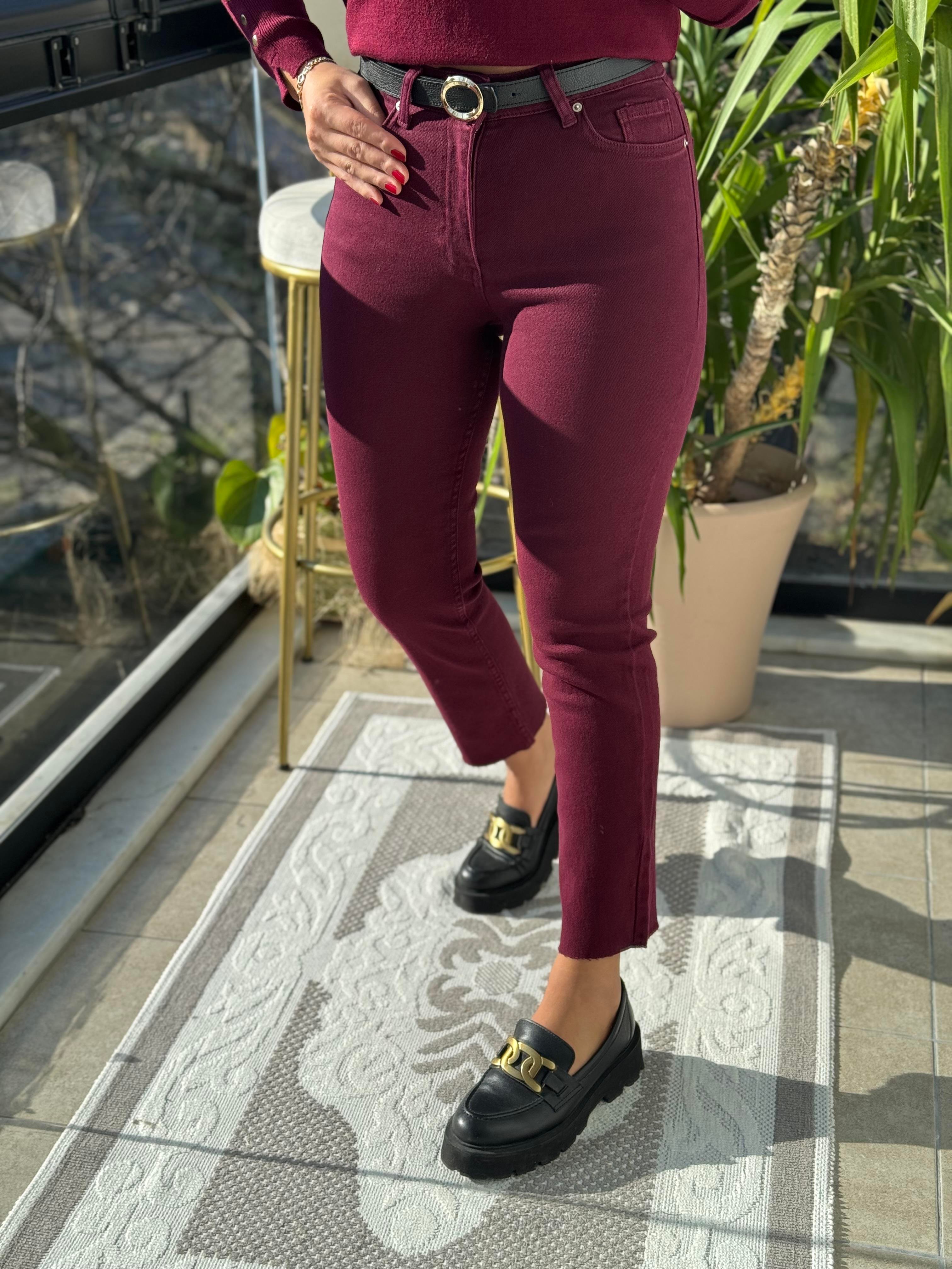 Premium Kalite Kesik Paça Jean Bordo