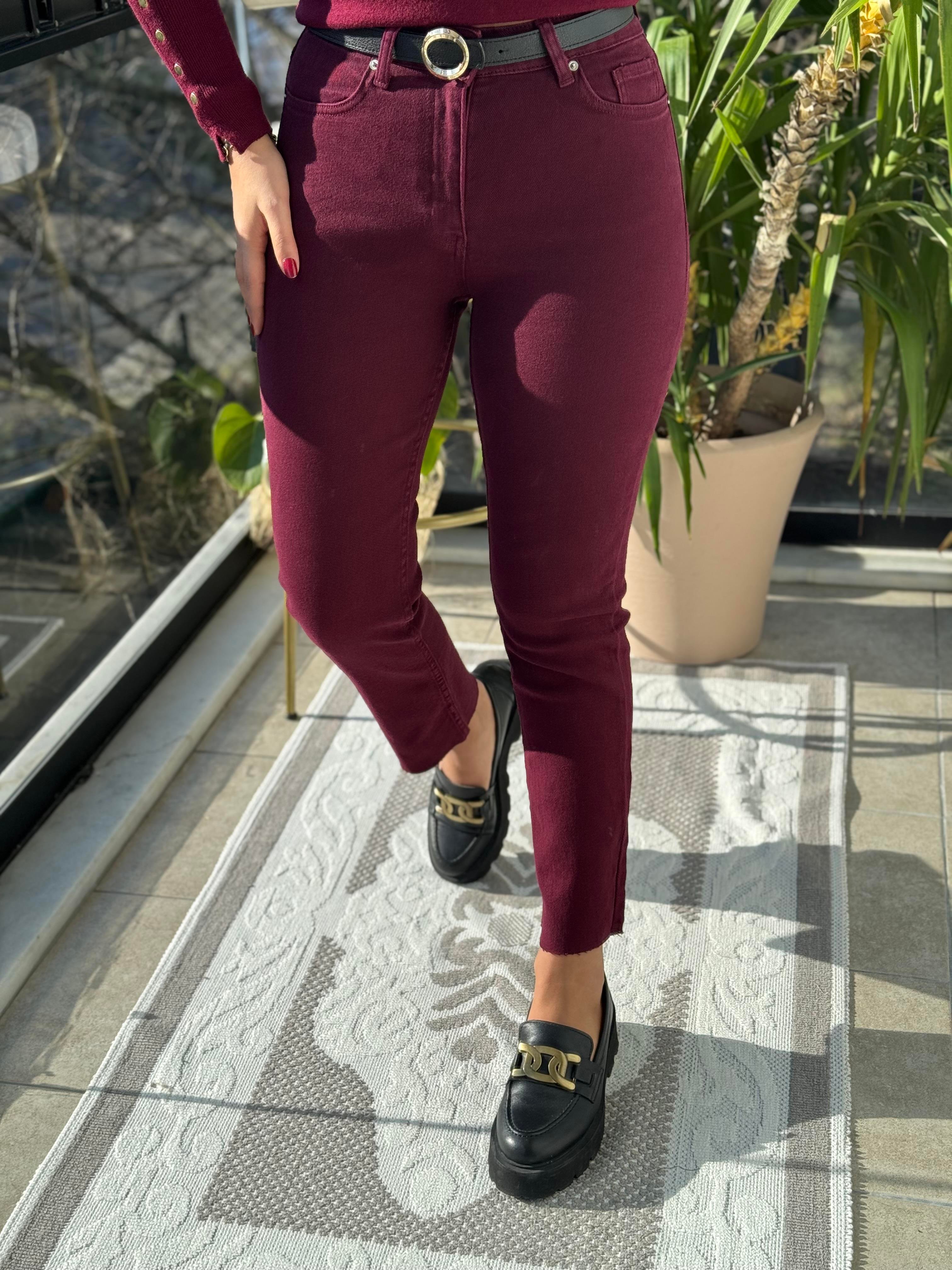 Premium Kalite Kesik Paça Jean Bordo