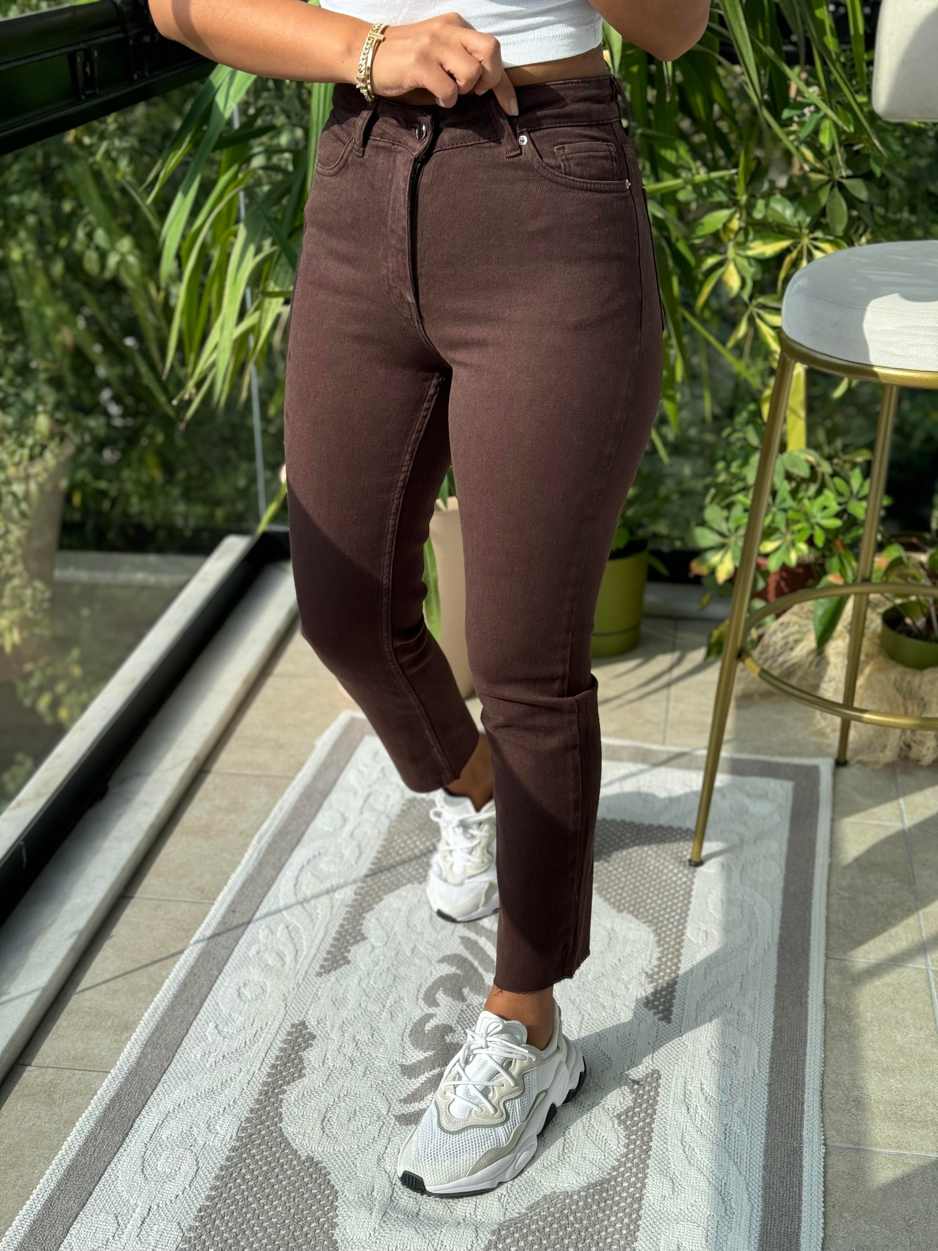 Premium Kalite Kesik Paça Jean Kahve