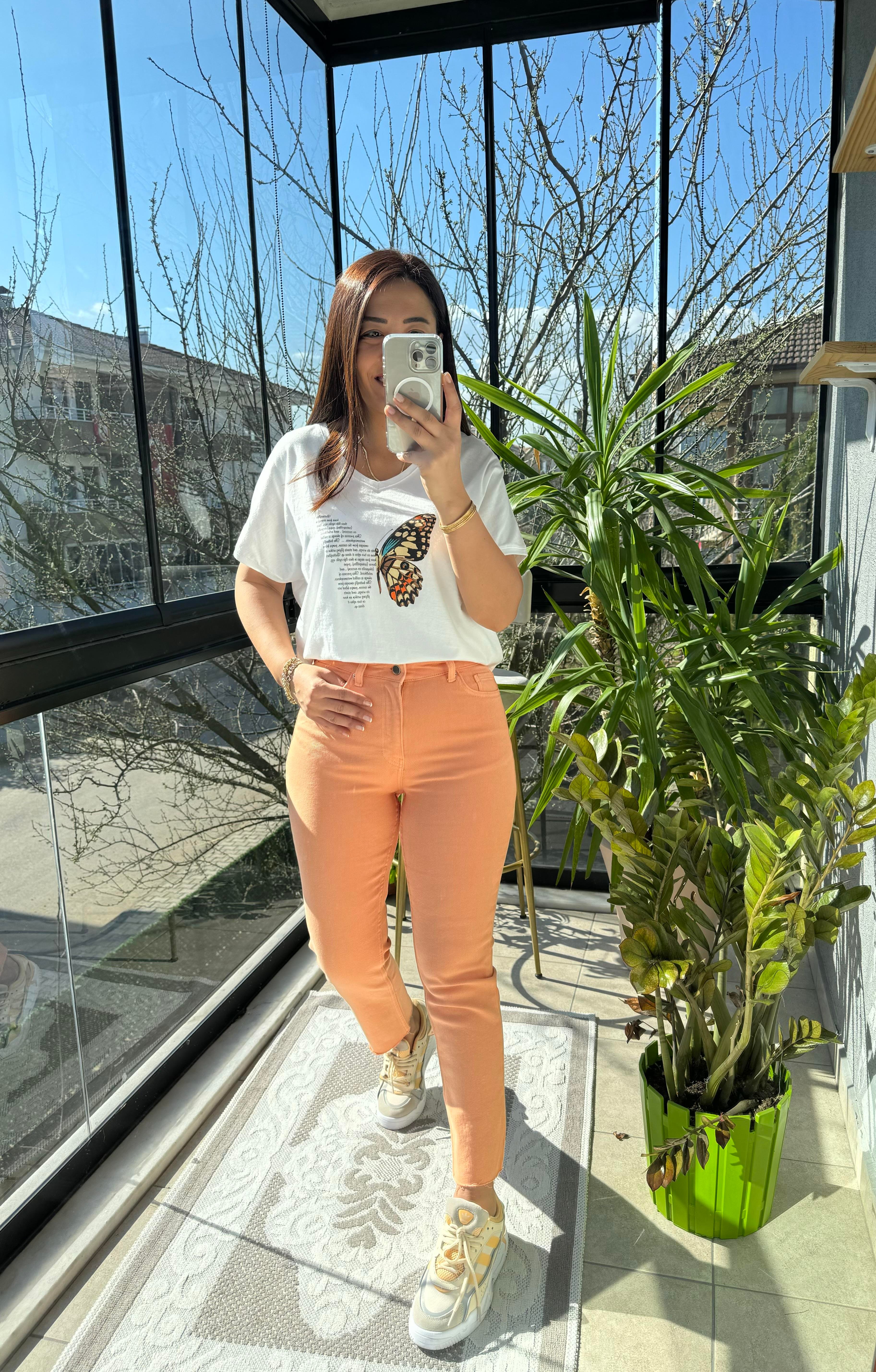 Premium Kalite Renkli Kesik Paça Jean Turuncu