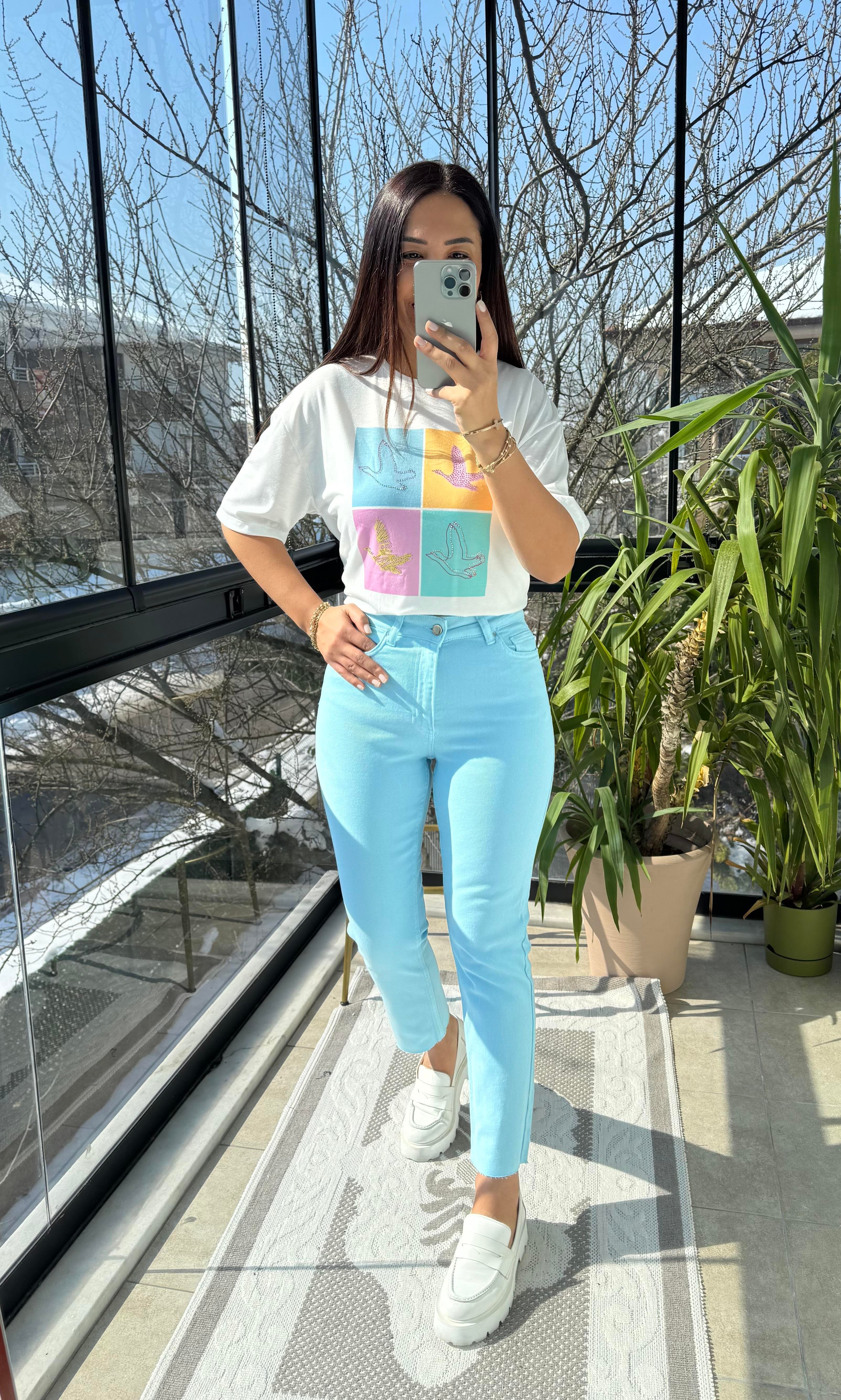 Premium Kalite Renkli Kesik Paça Jean Bebe Mavi