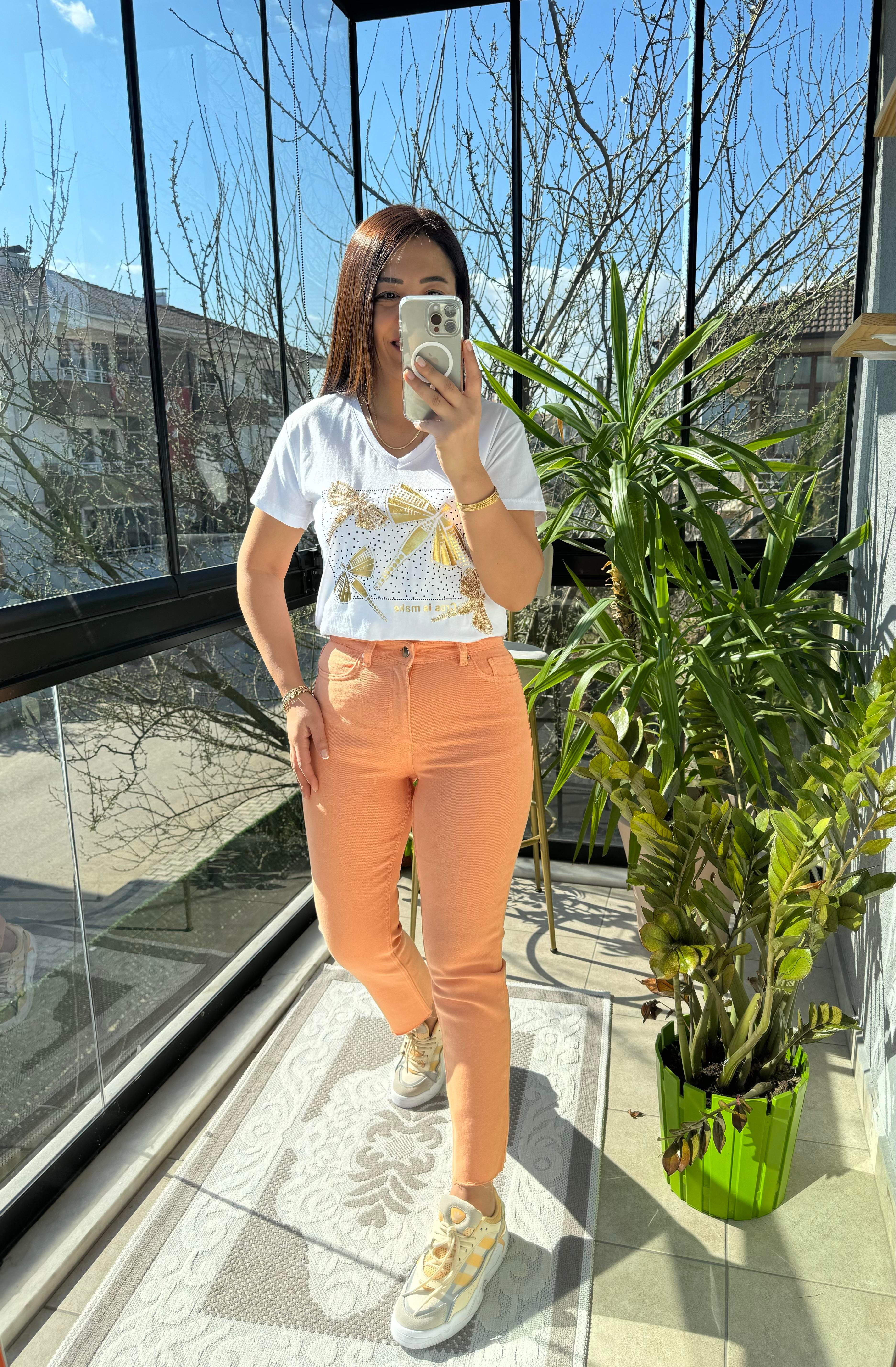 Premium Kalite Renkli Kesik Paça Jean Turuncu