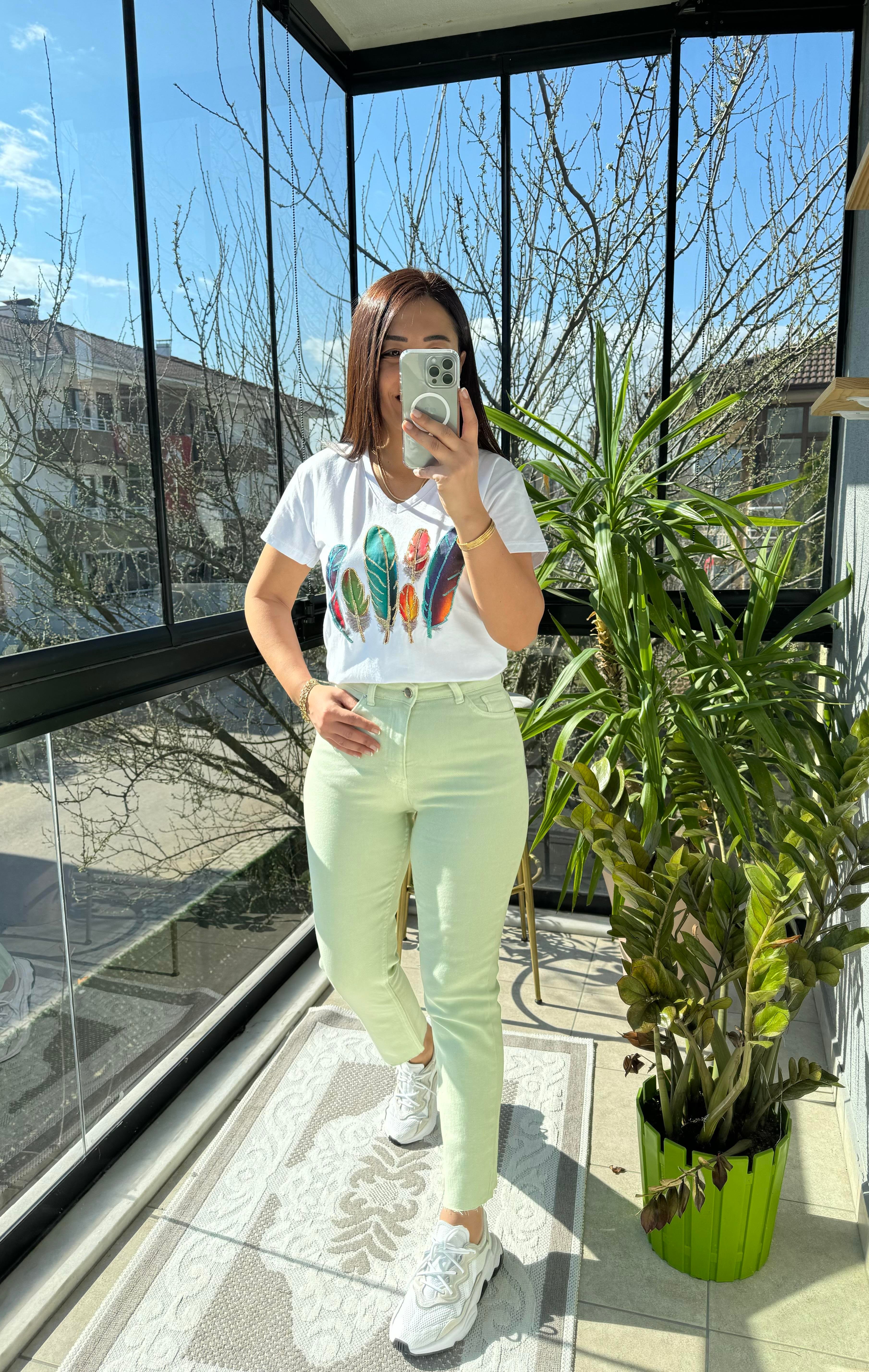 Premium Kalite Renkli Kesik Paça Jean Su Yeşili