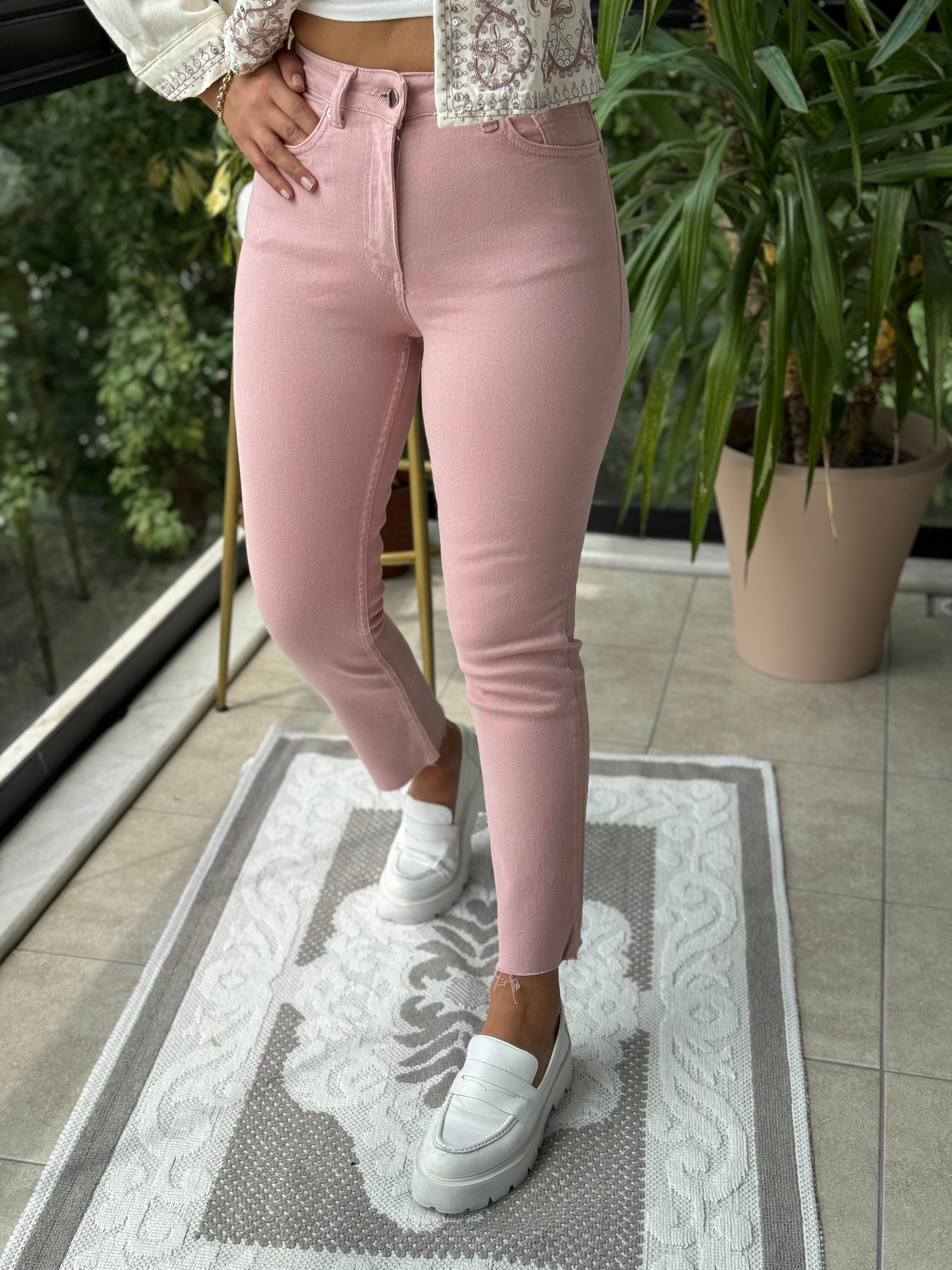 Premium Kalite Renkli Kesik Paça Jean Pembe