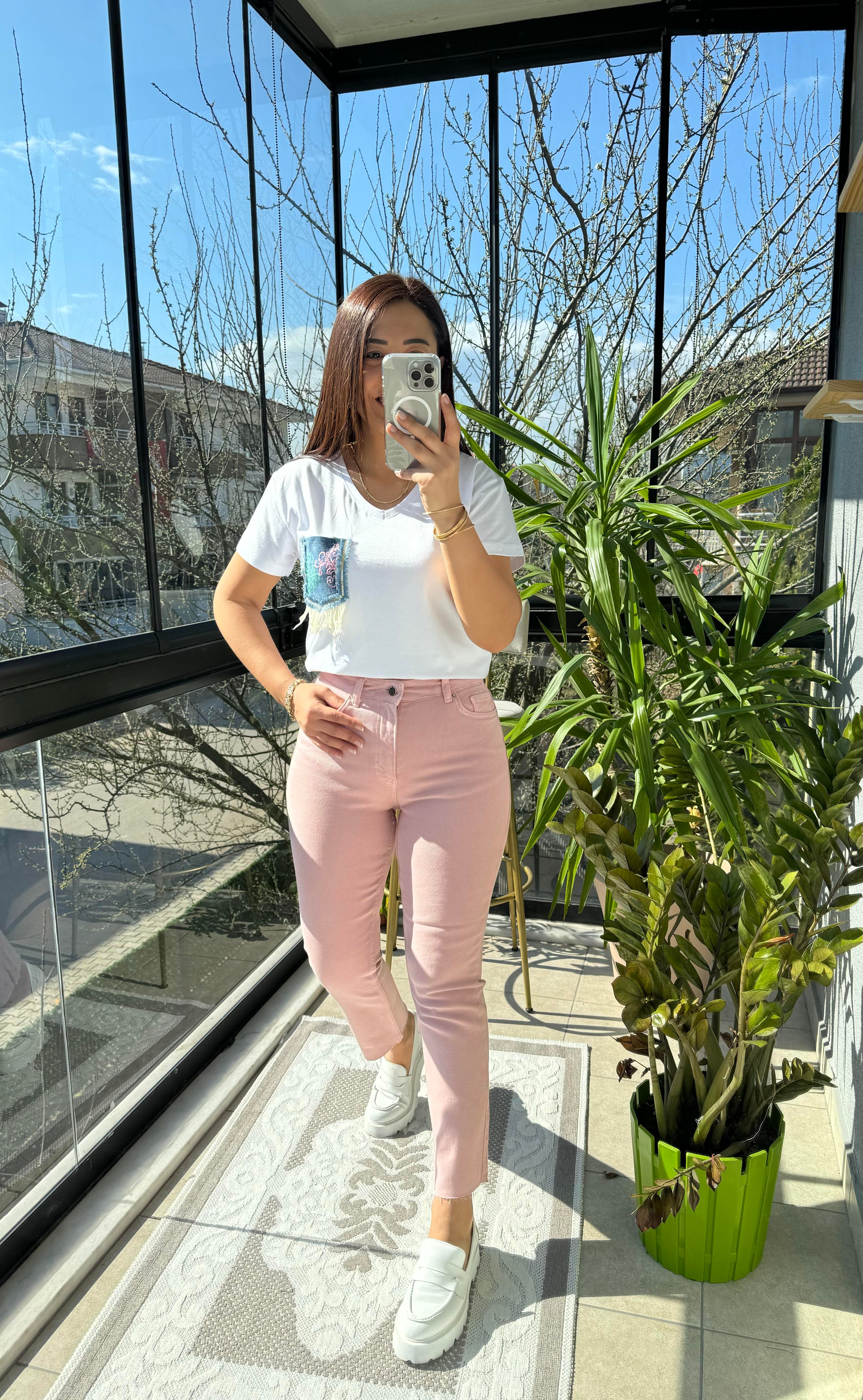 Premium Kalite Renkli Kesik Paça Jean Pembe