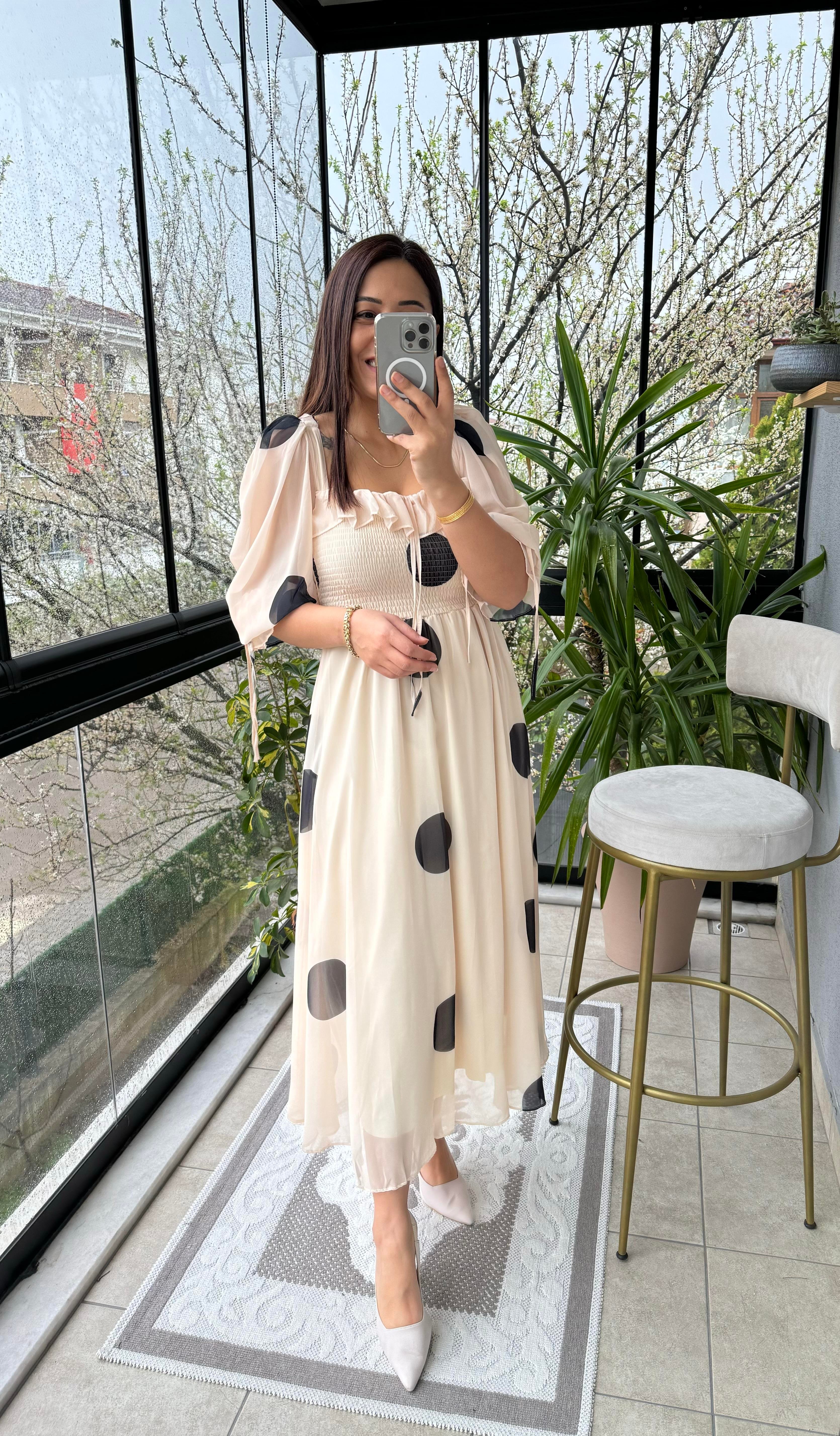 Puantiye Şifon Elbise Bej