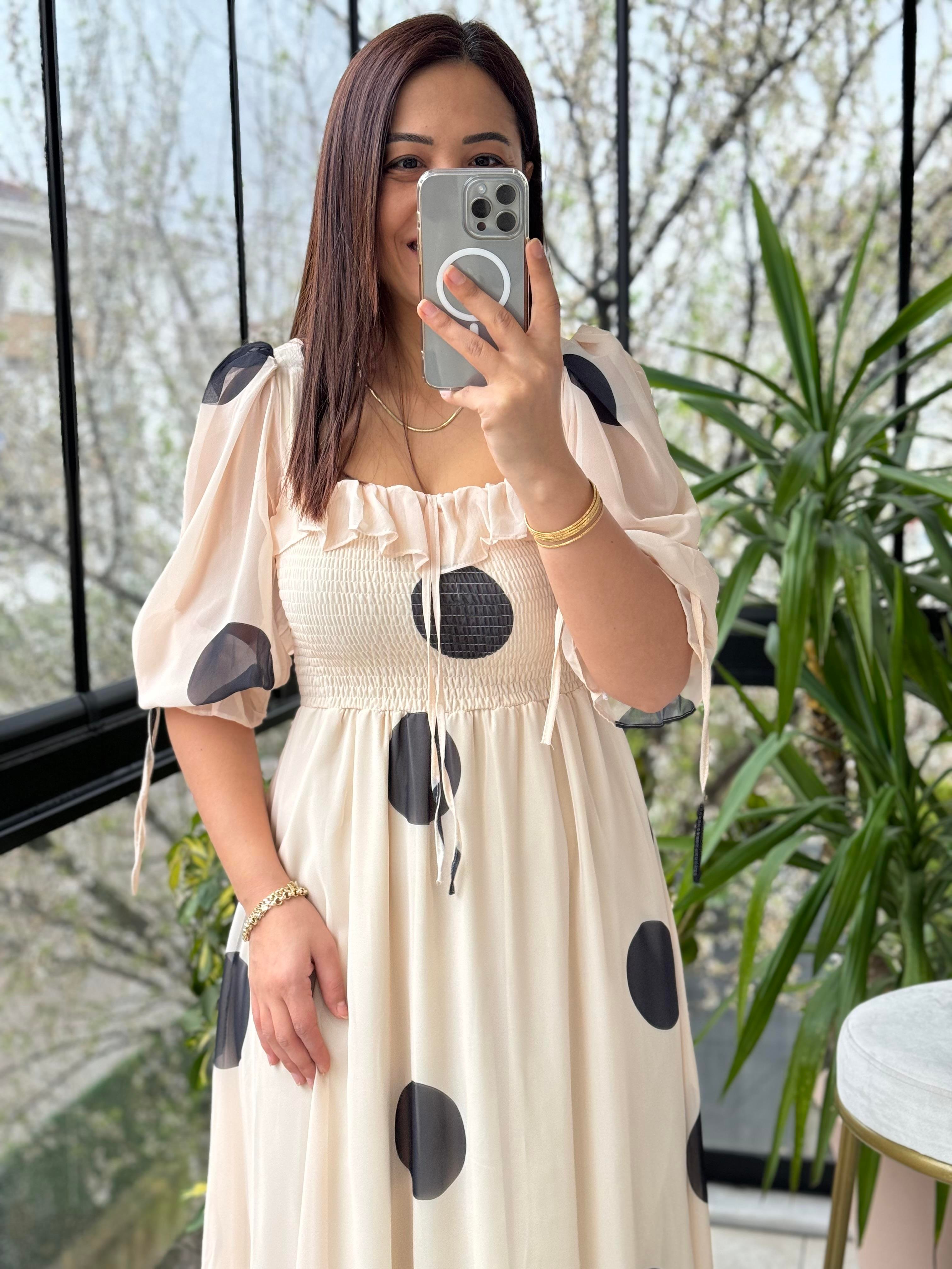 Puantiye Şifon Elbise Bej