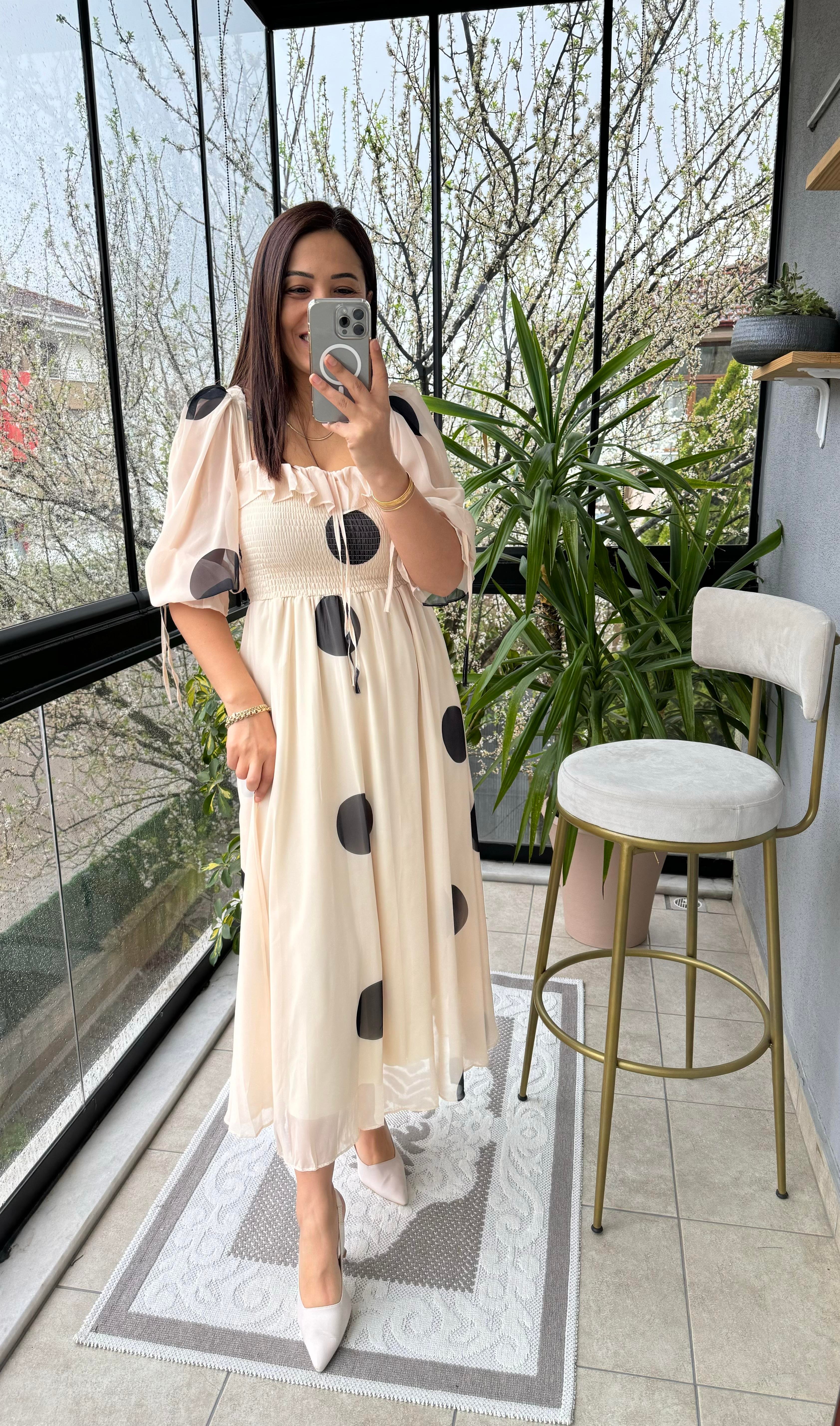 Puantiye Şifon Elbise Bej