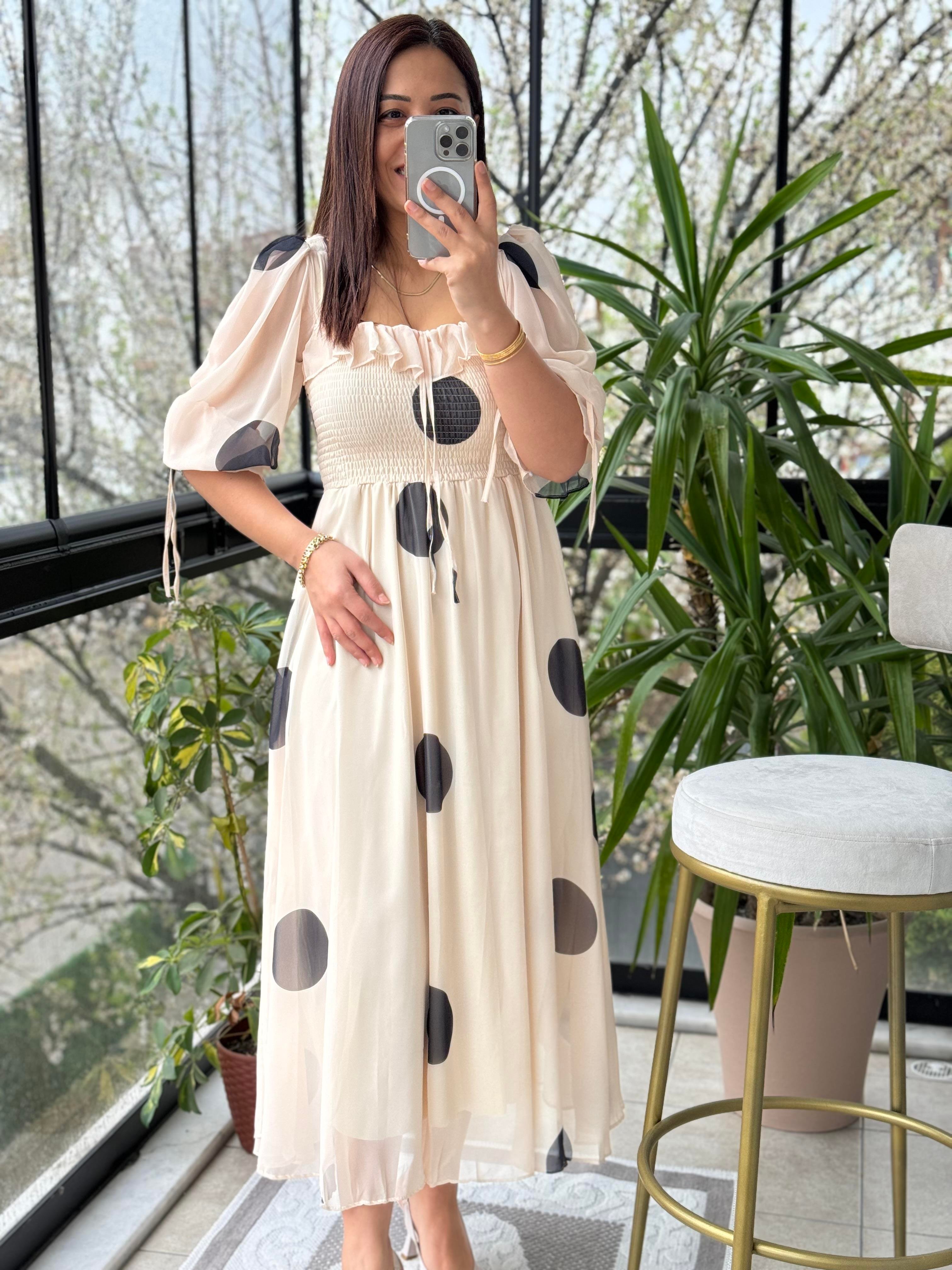 Puantiye Şifon Elbise Bej