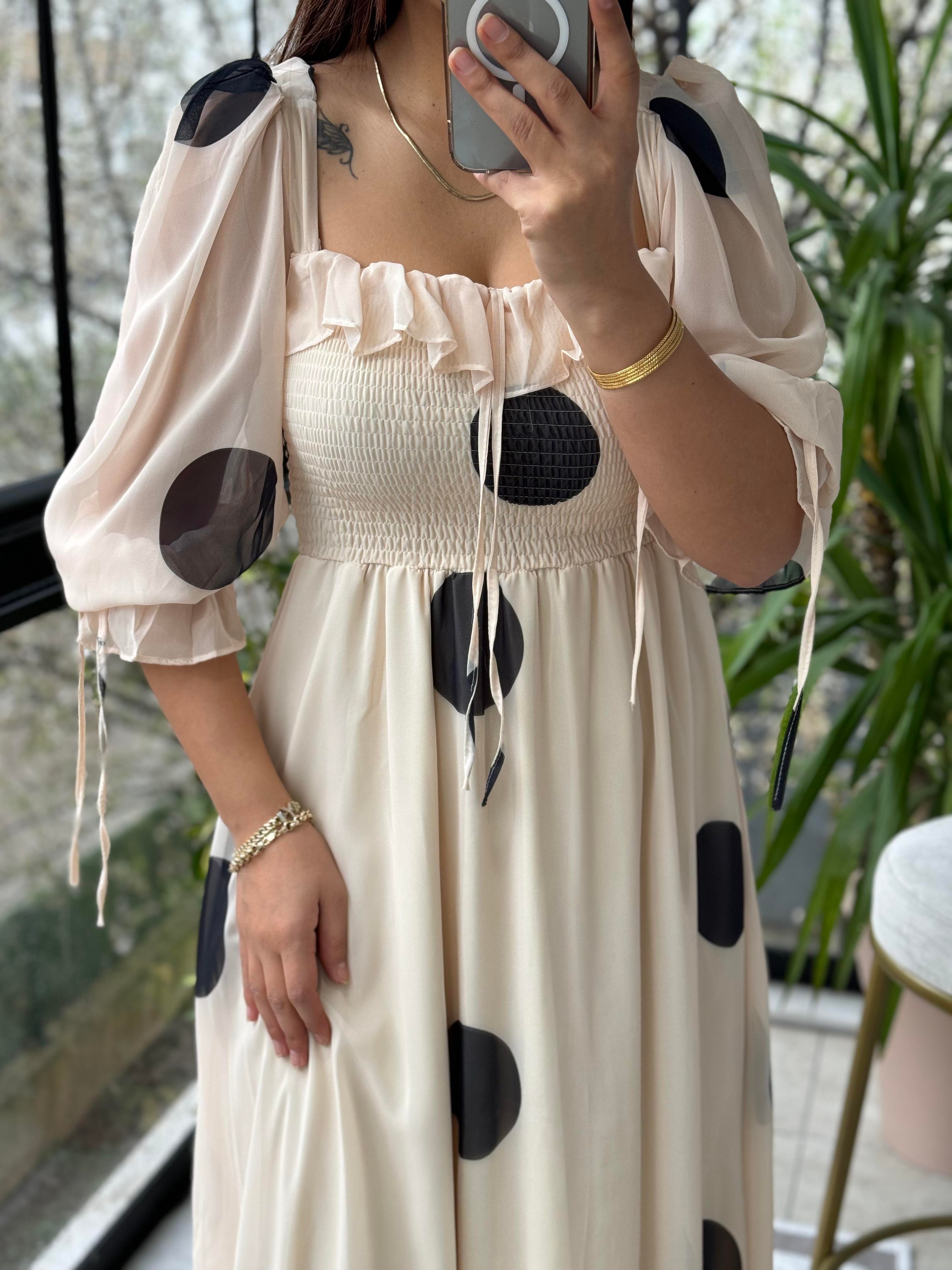 Puantiye Şifon Elbise Bej