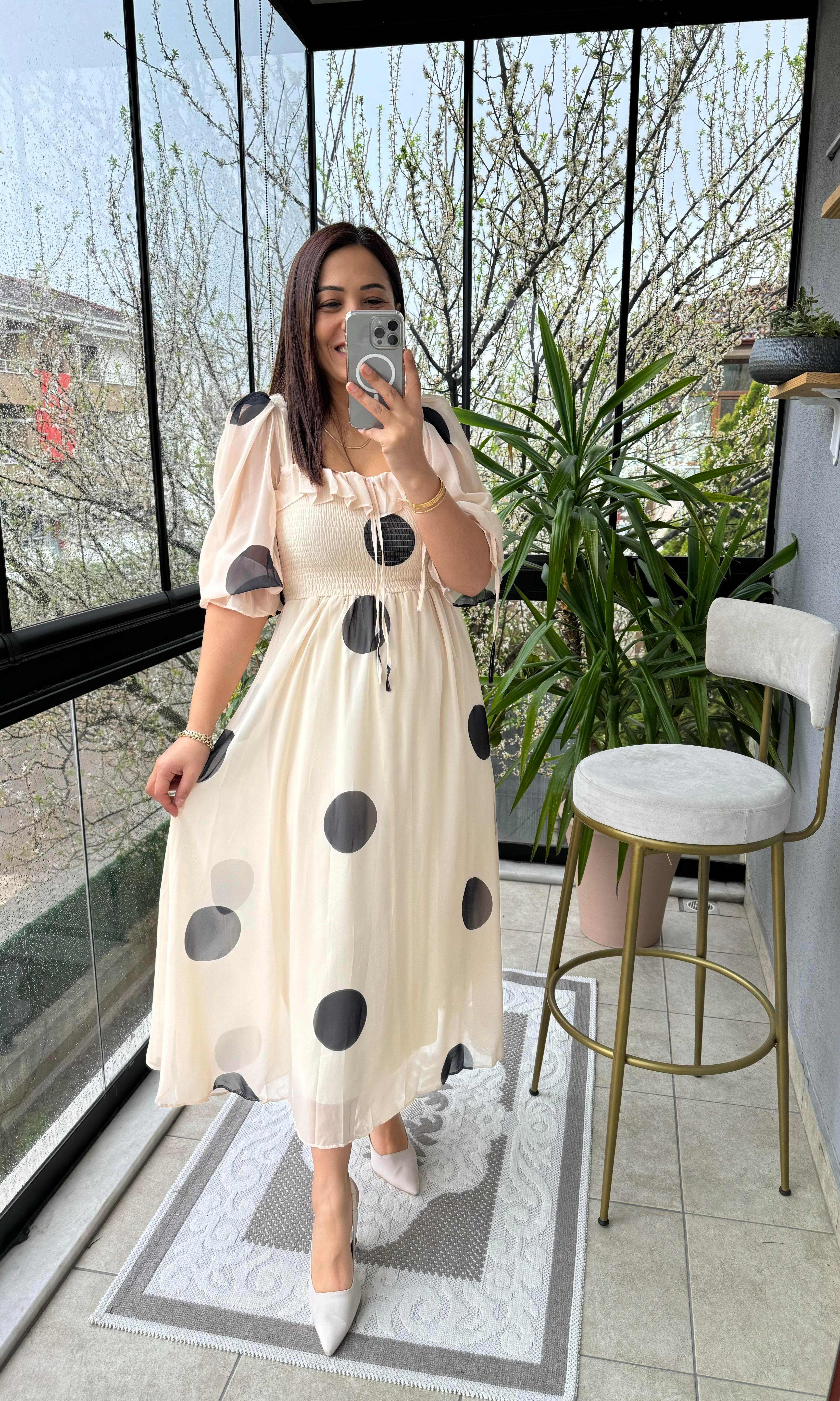 Puantiye Şifon Elbise Bej