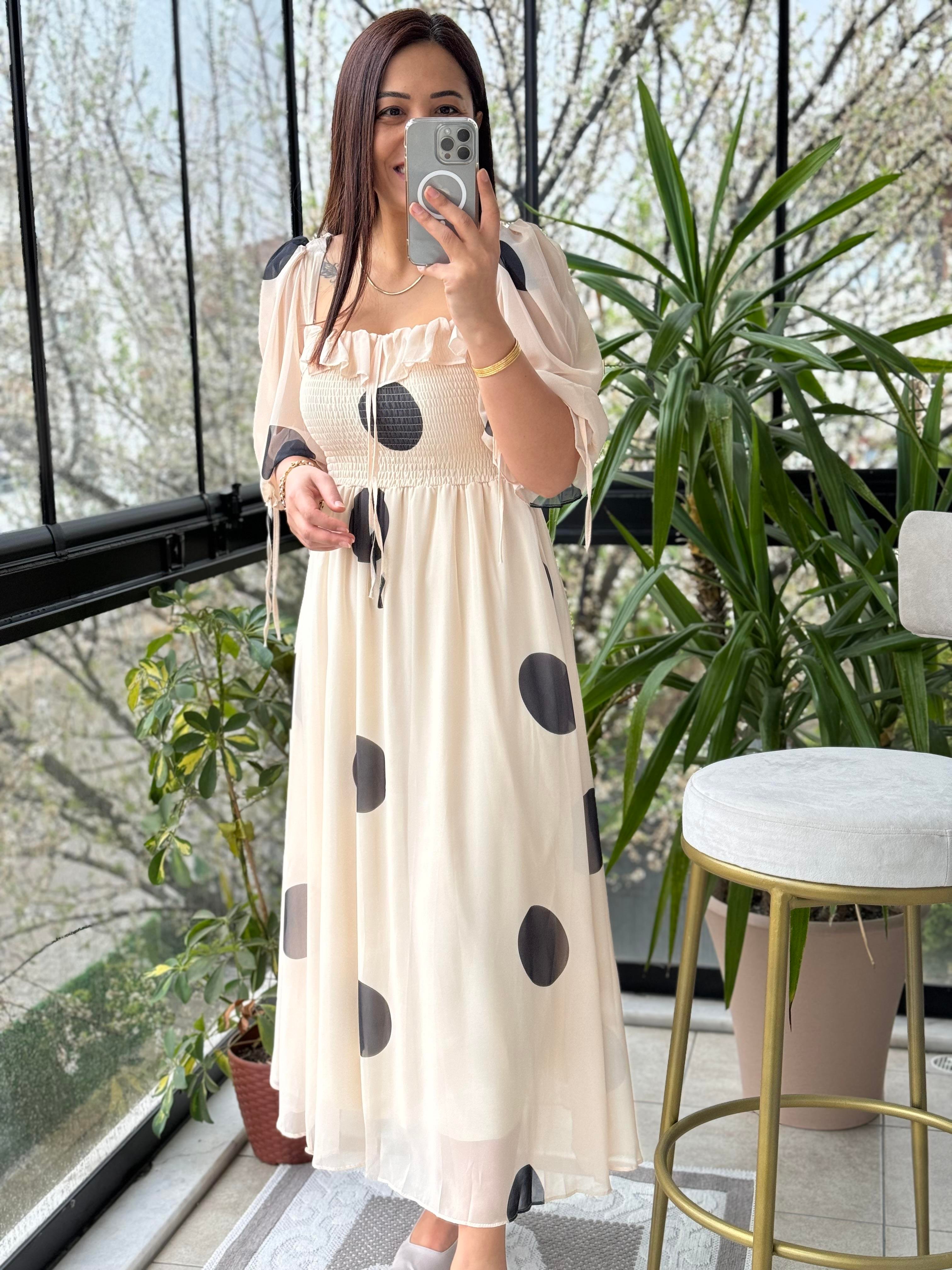 Puantiye Şifon Elbise Bej