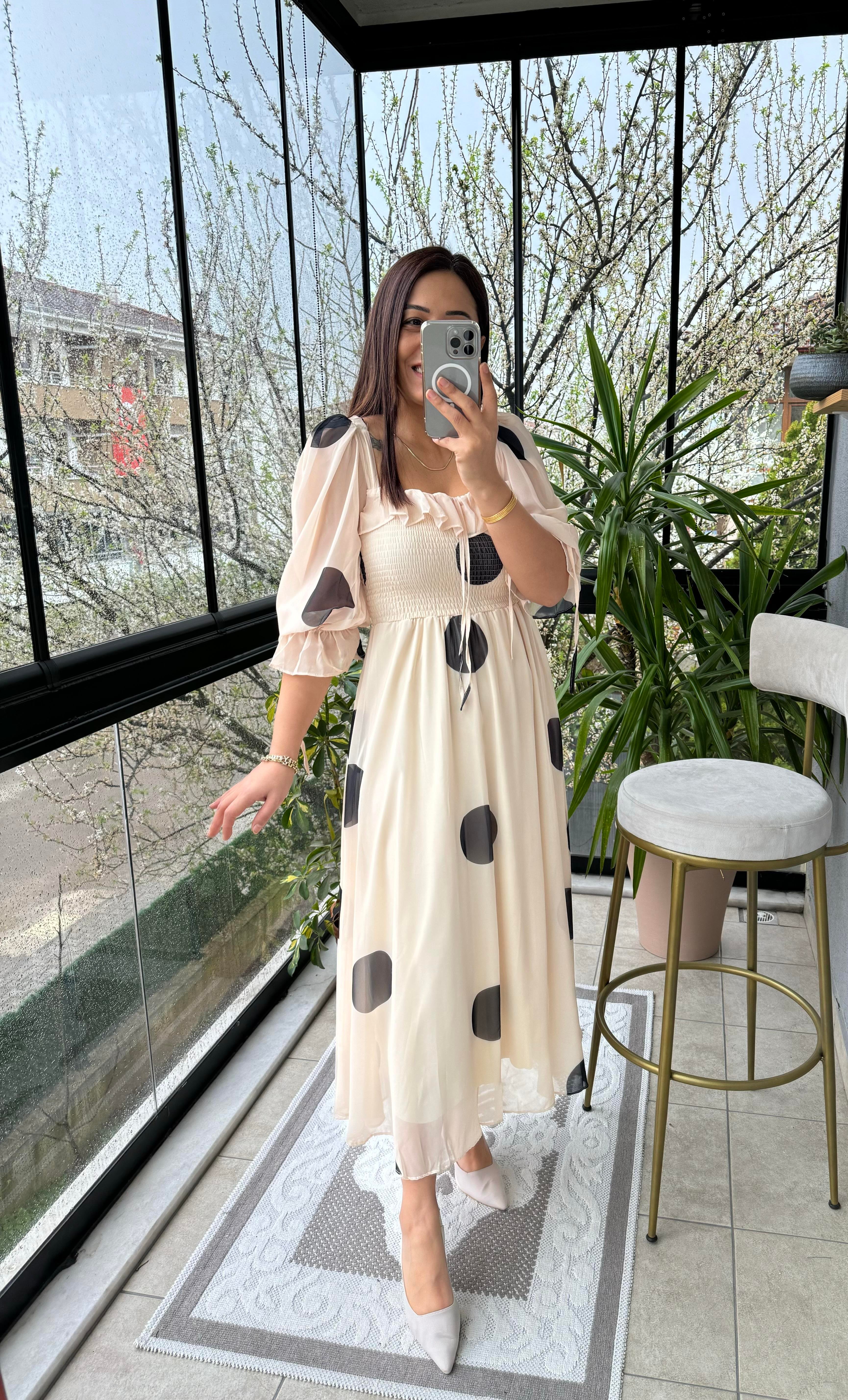 Puantiye Şifon Elbise Bej