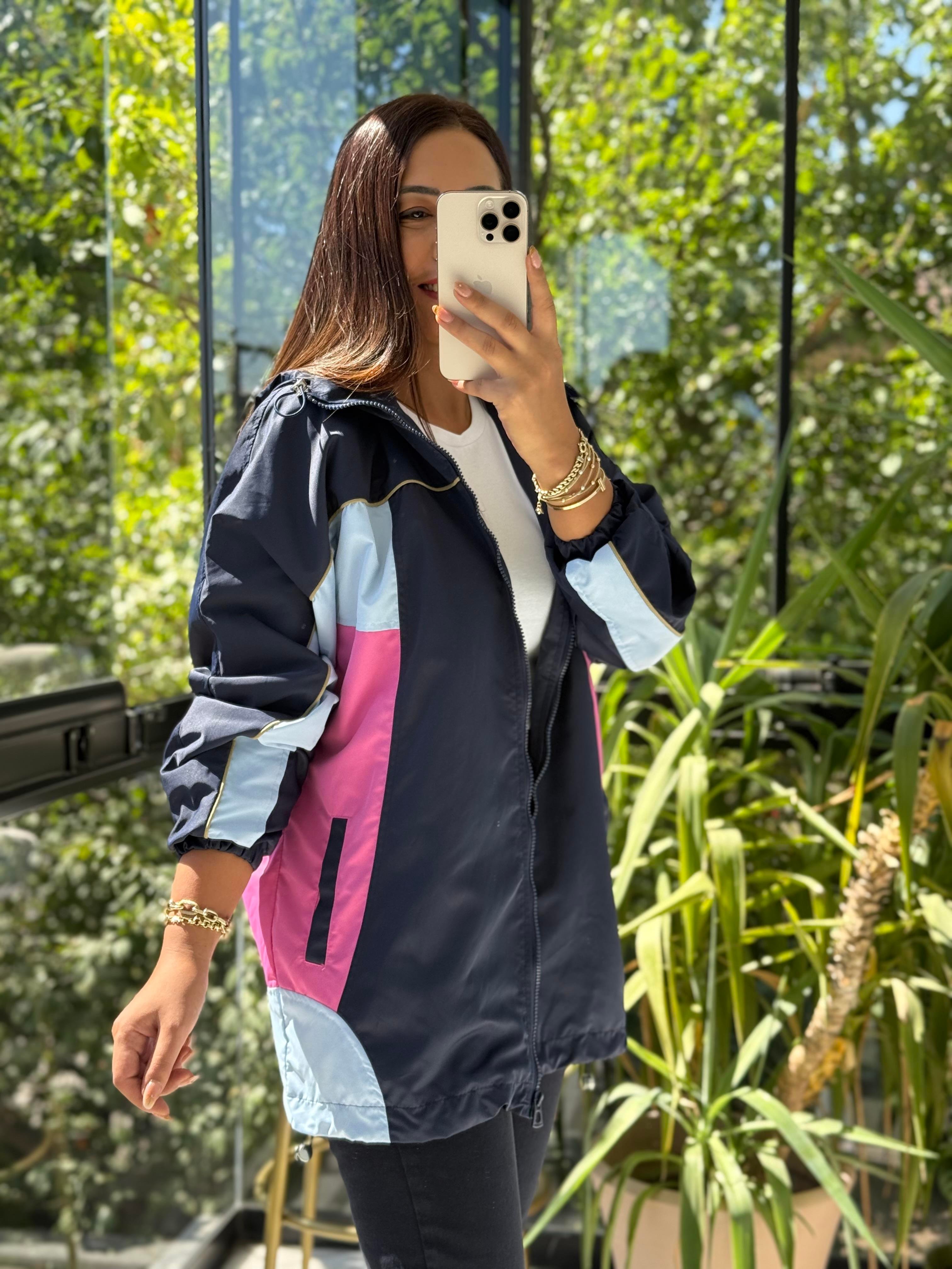 Renk Bloklu Yağmurluk Lacivert