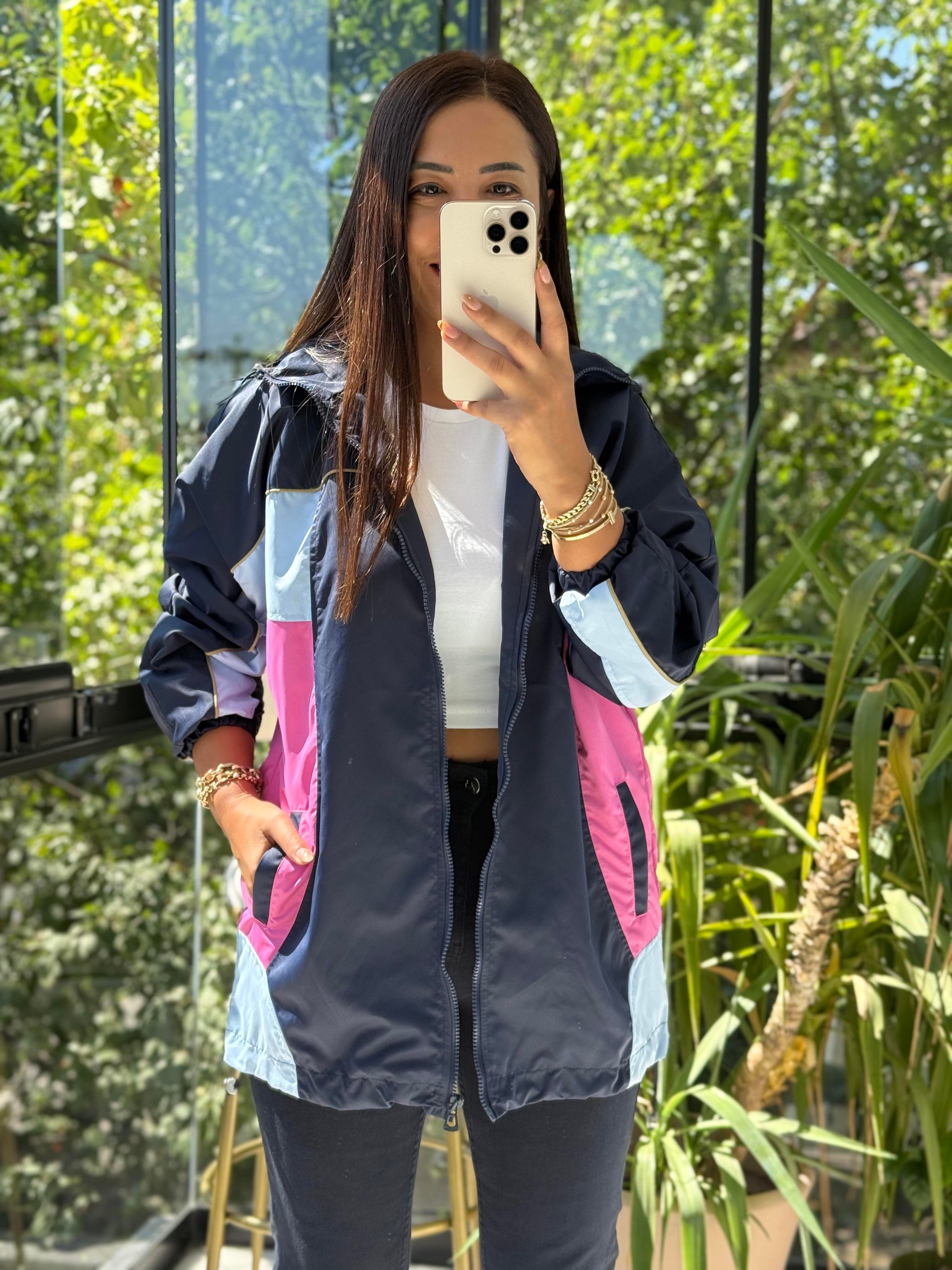 Renk Bloklu Yağmurluk Lacivert