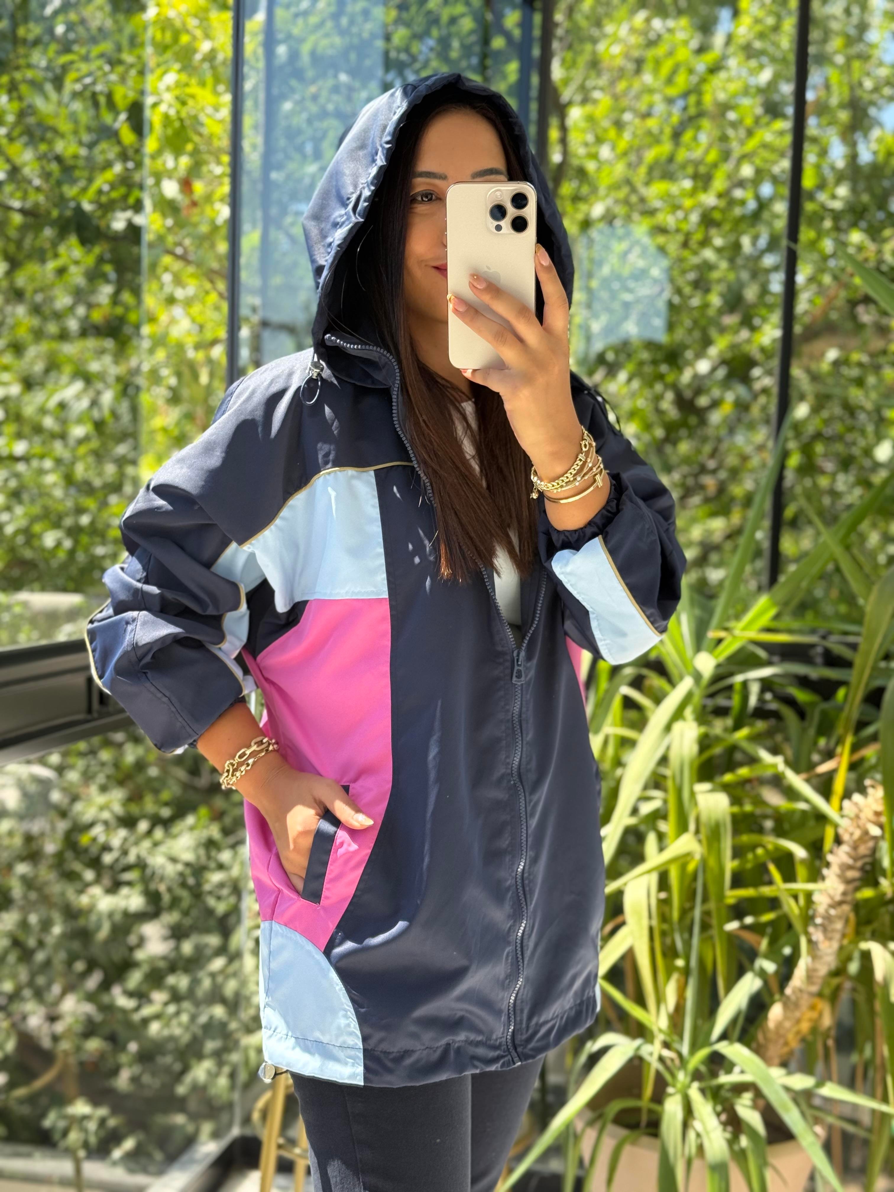 Renk Bloklu Yağmurluk Lacivert