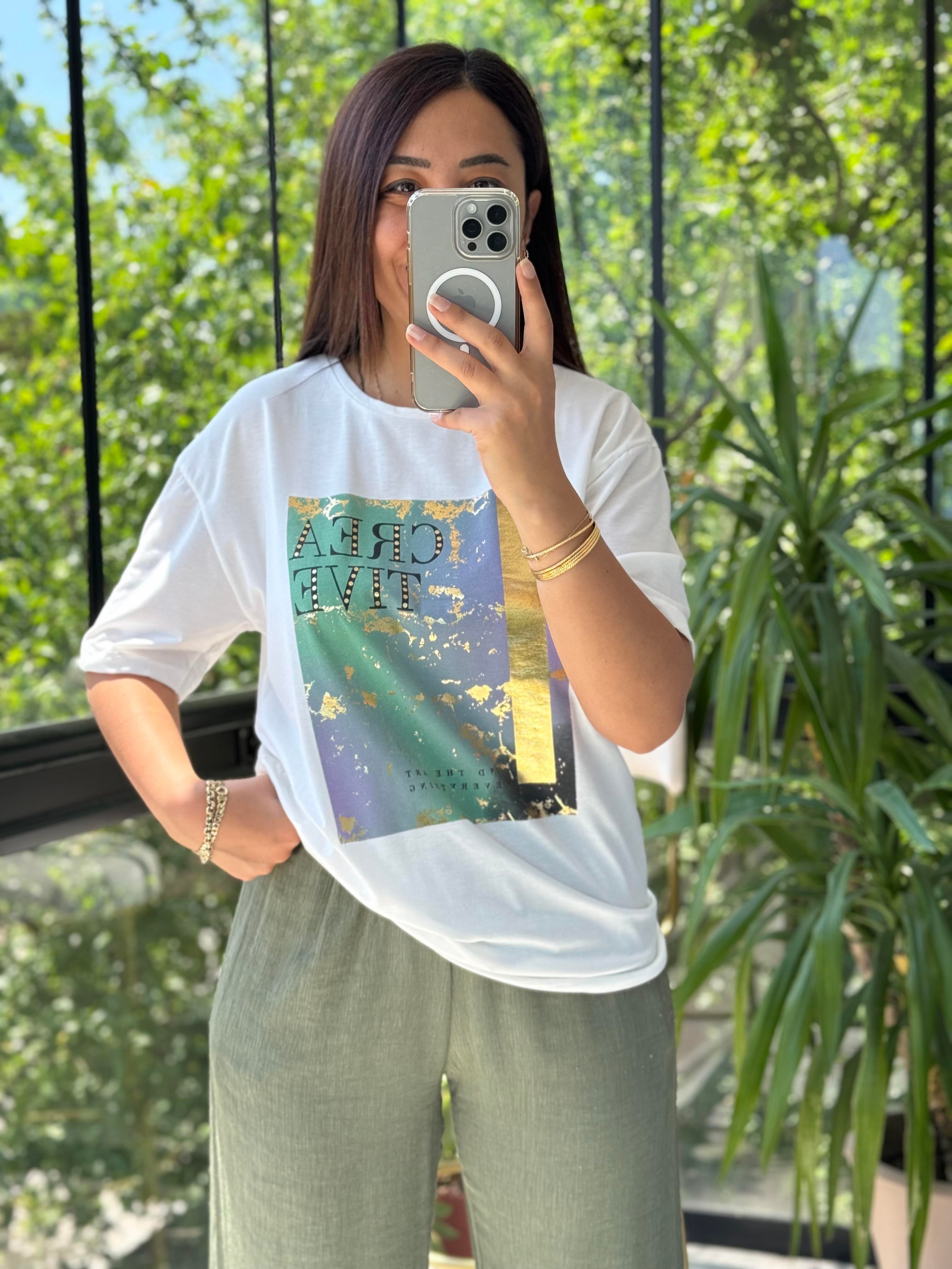 Renkli Baskılı Tişört Ekru