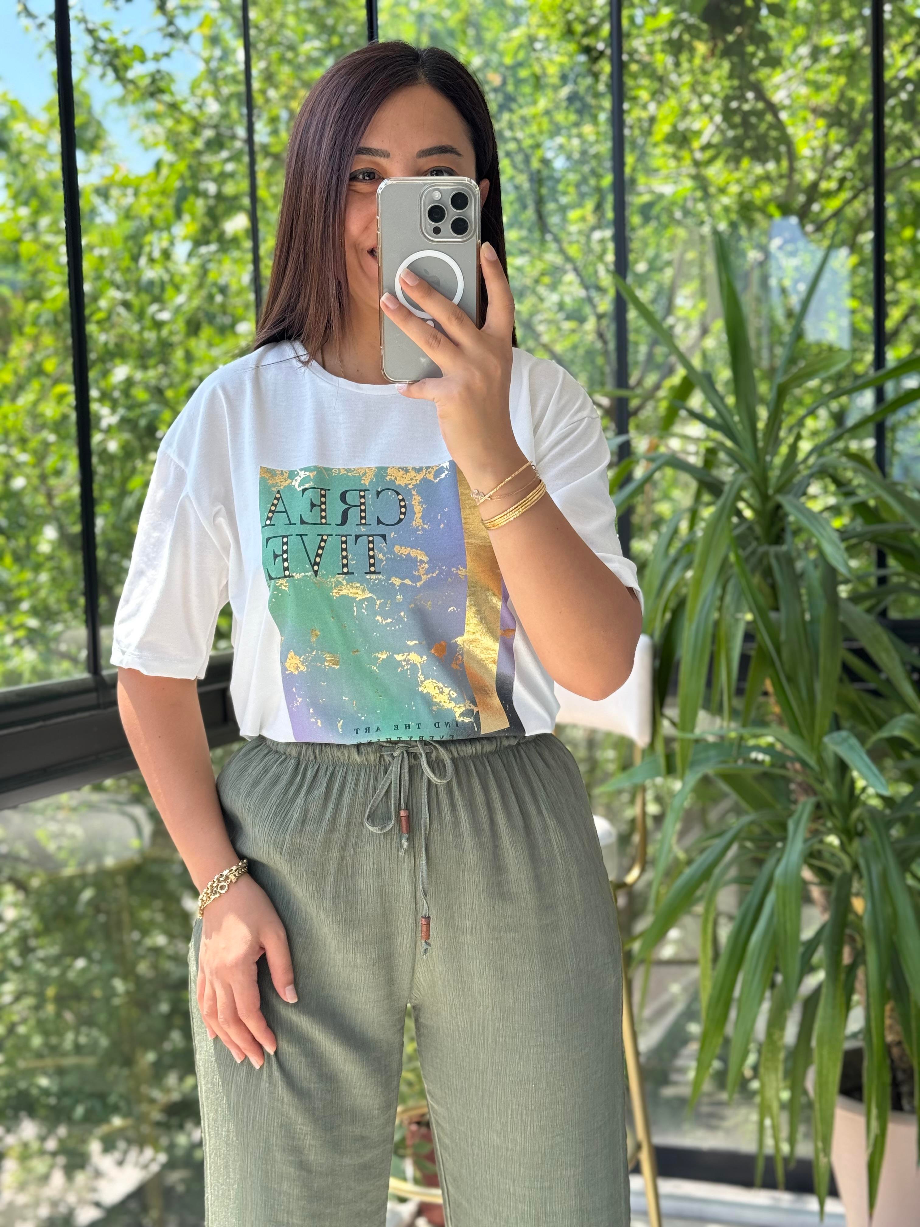 Renkli Baskılı Tişört Ekru