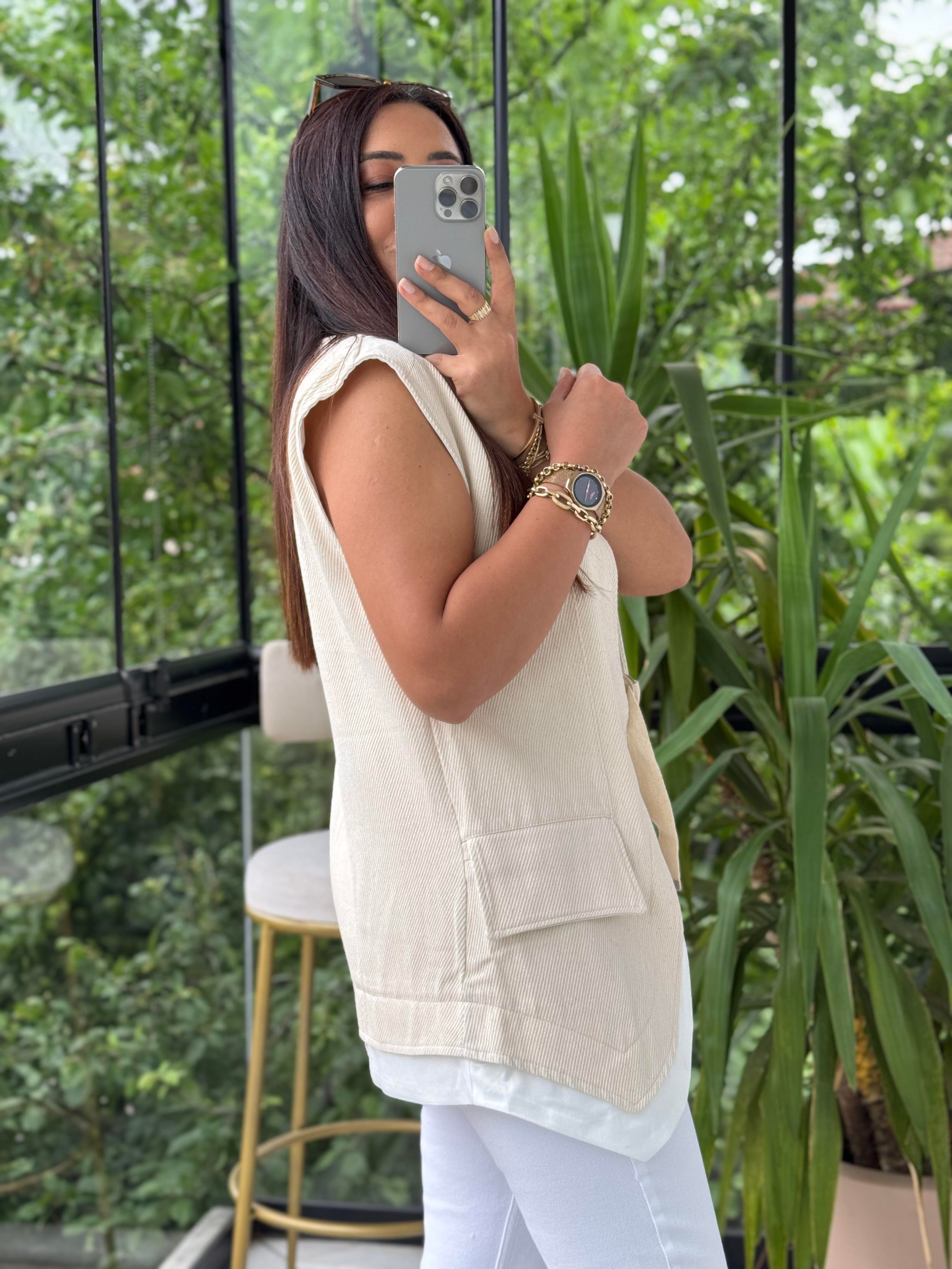 Rozafin Garnili Yelek Krem