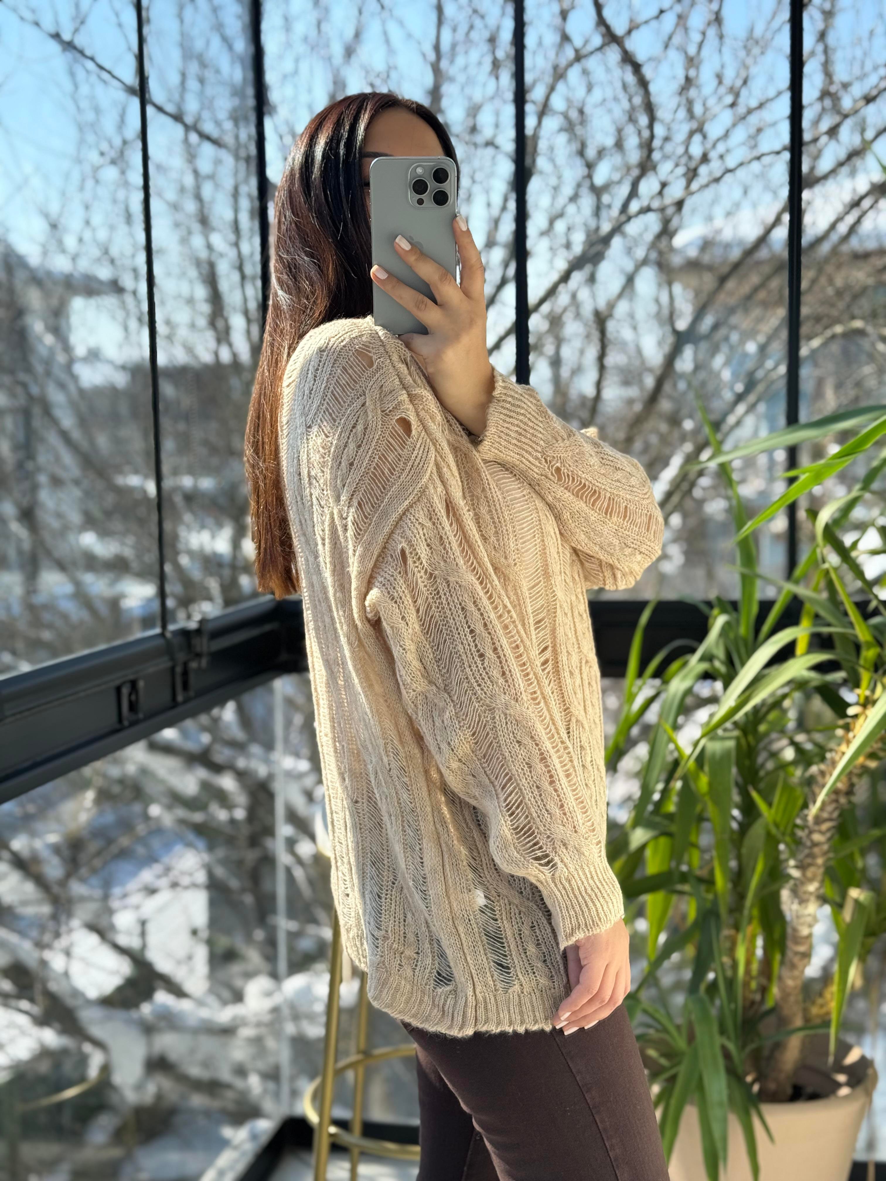 Saç Örgülü Ajurlu Kazak Bej