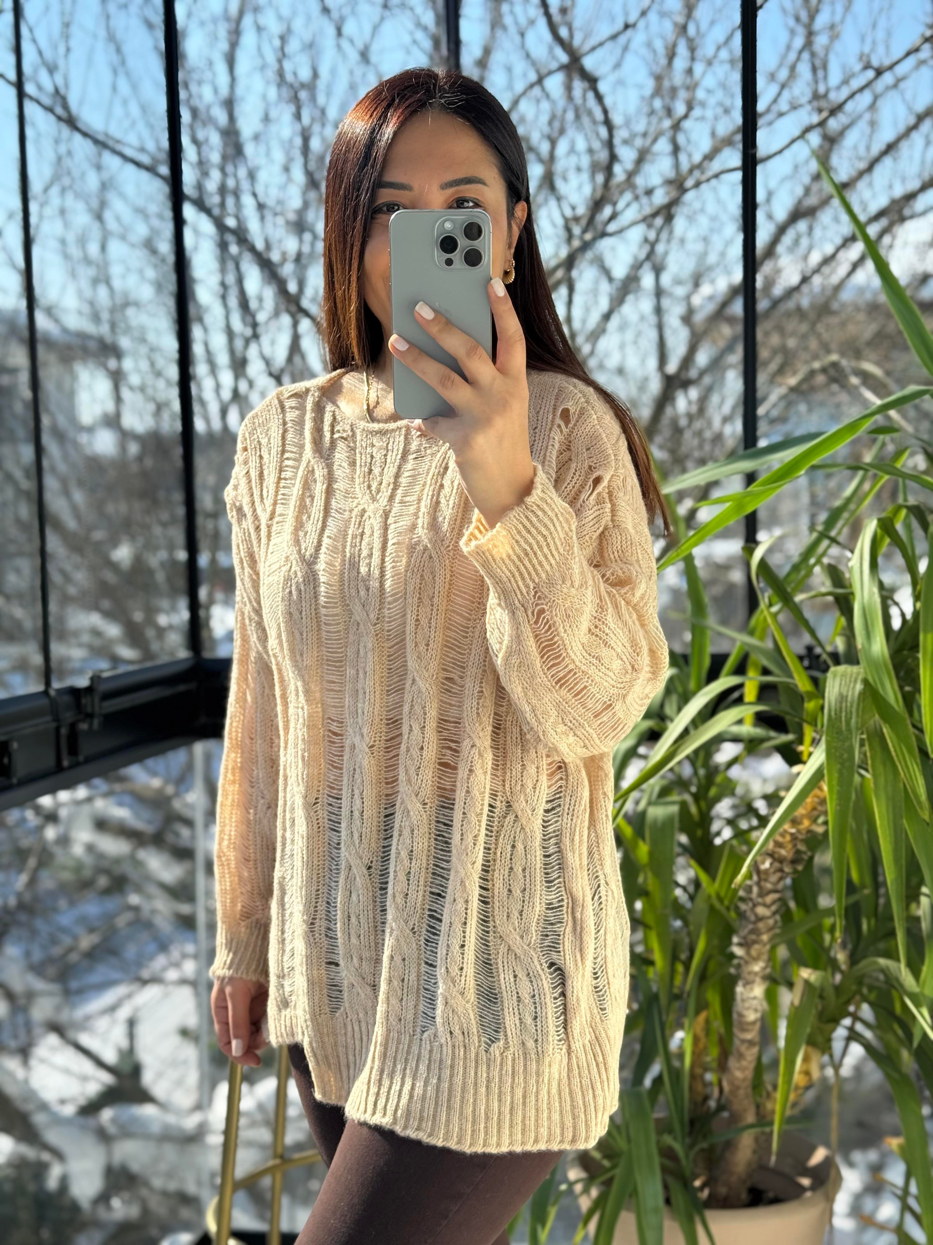 Saç Örgülü Ajurlu Kazak Bej