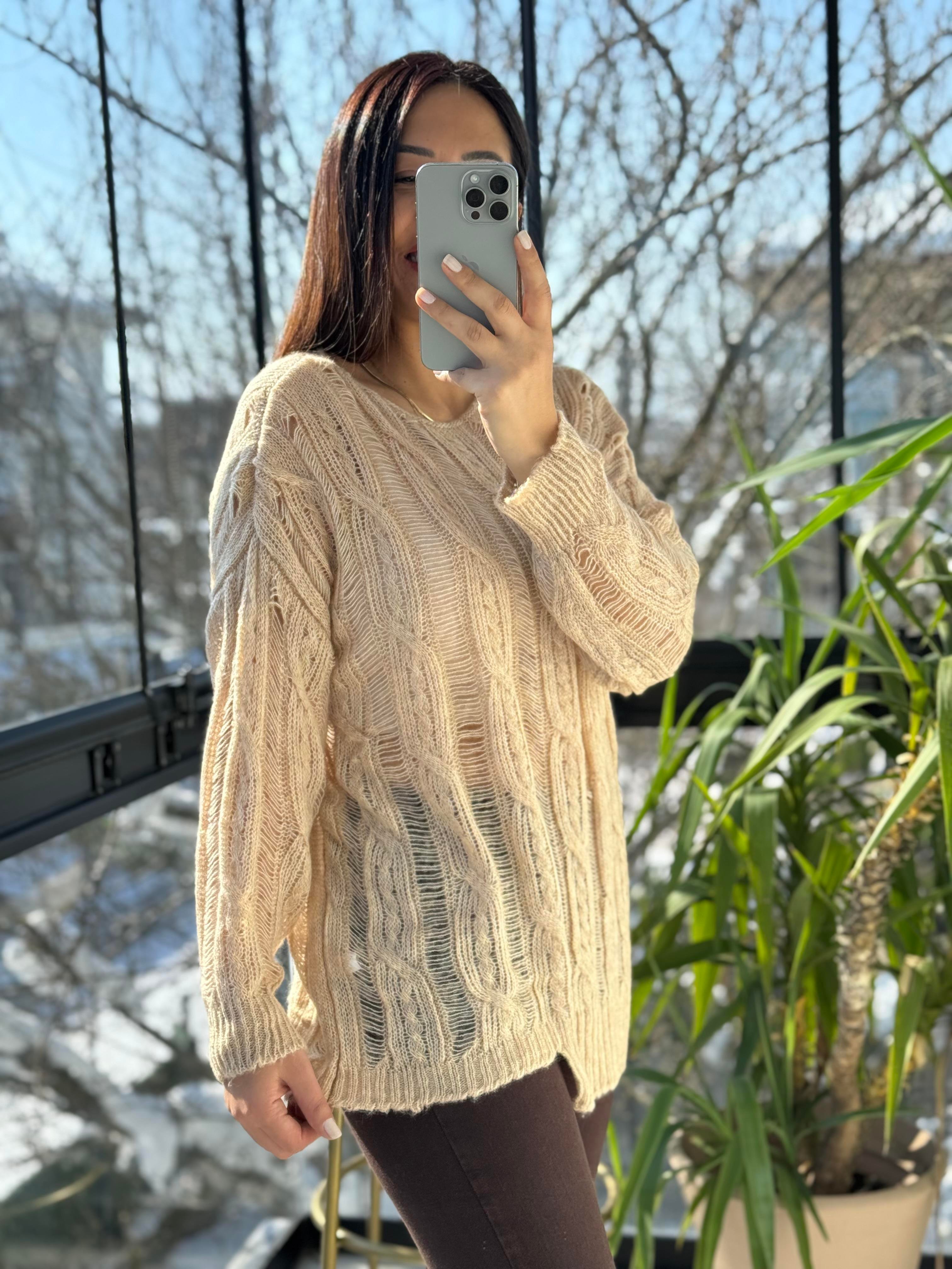 Saç Örgülü Ajurlu Kazak Bej