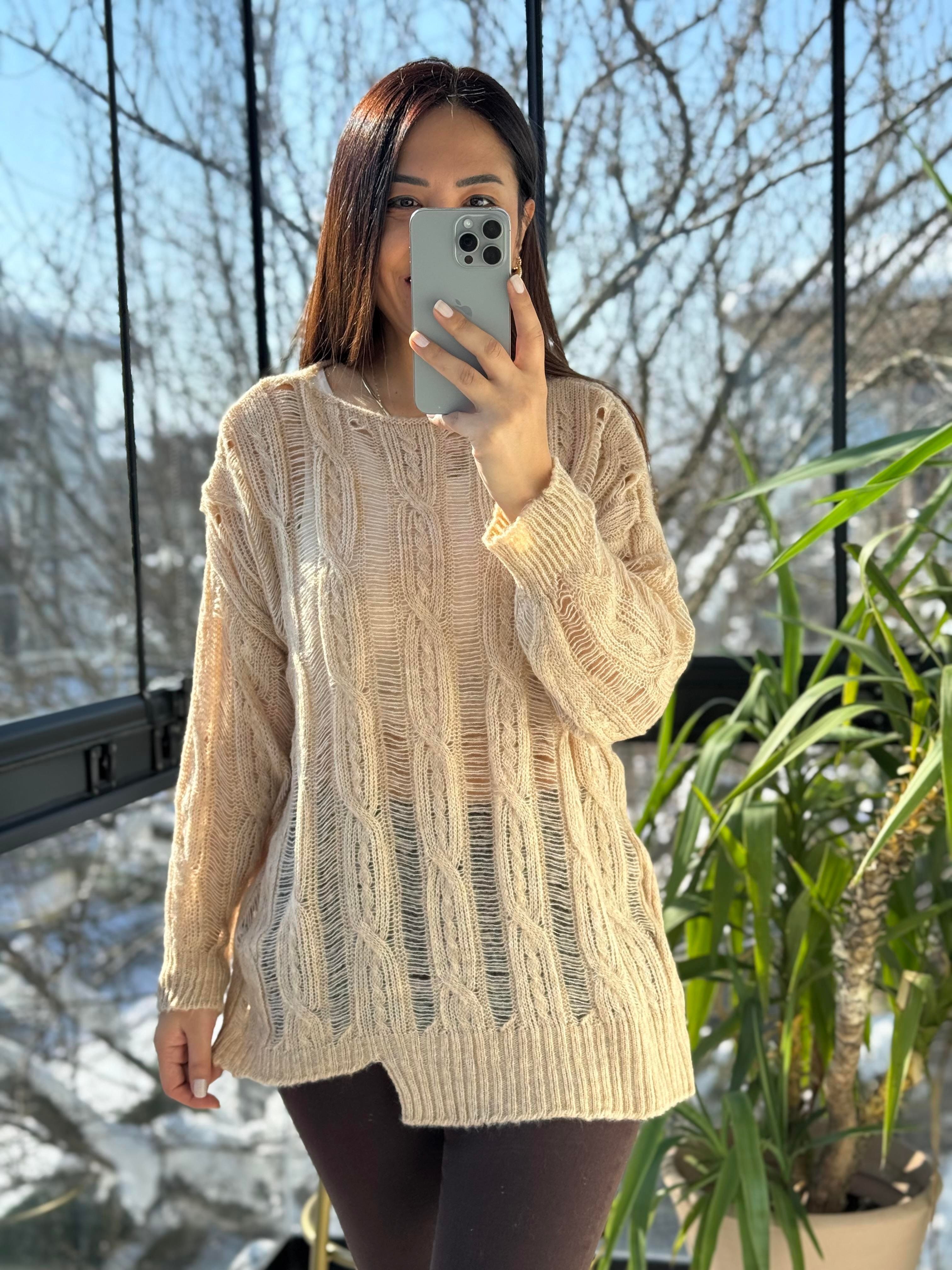 Saç Örgülü Ajurlu Kazak Bej