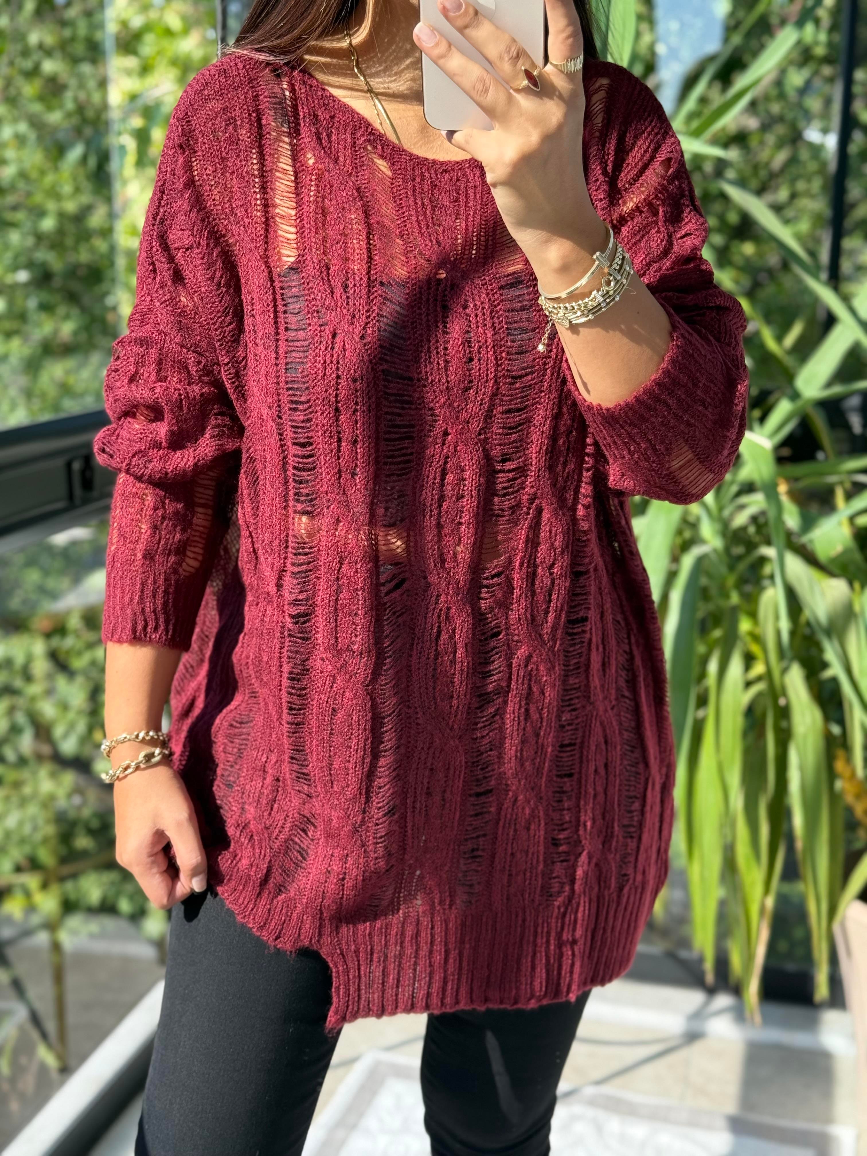 Saç Örgülü Ajurlu Kazak Bordo