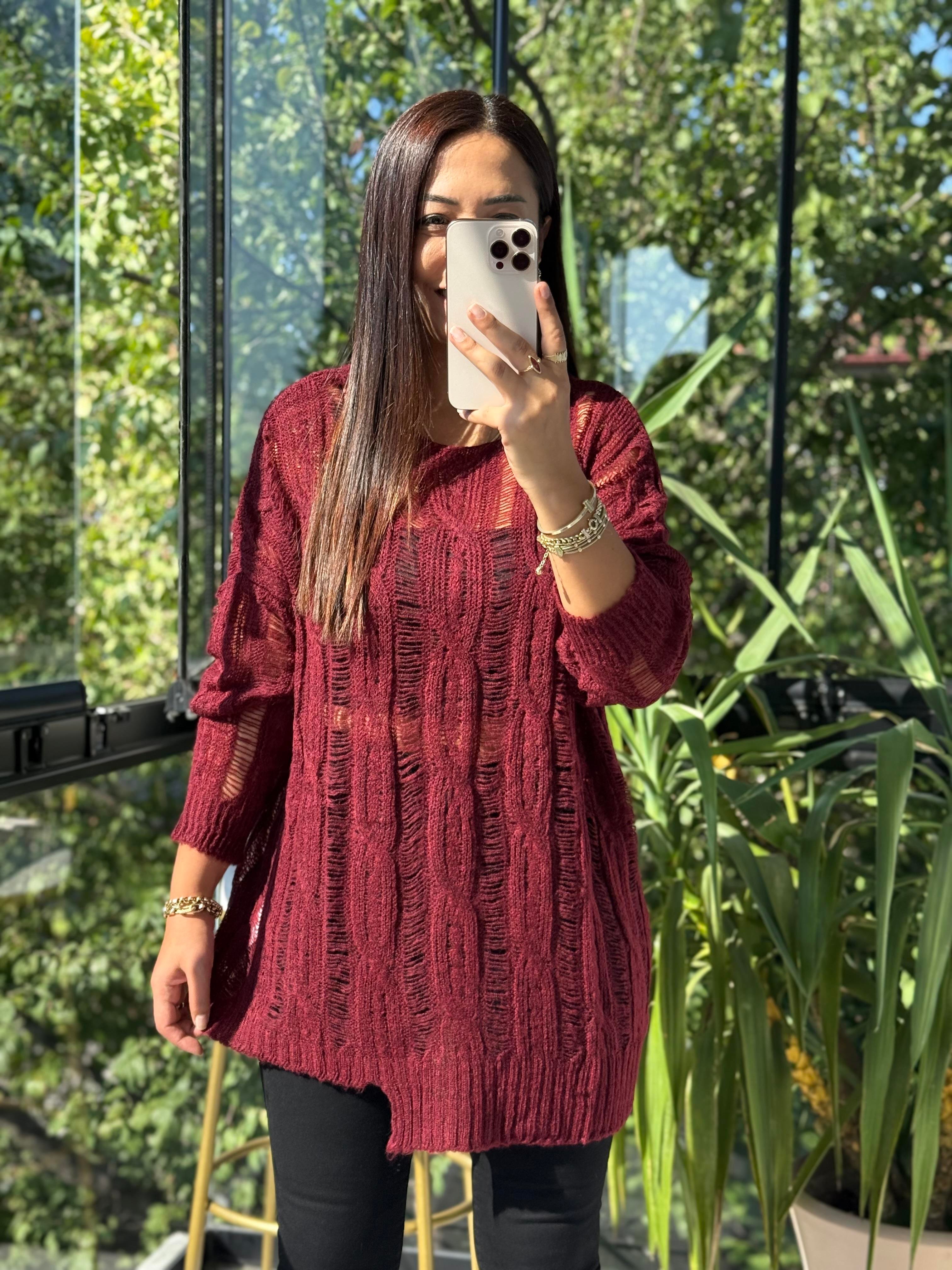 Saç Örgülü Ajurlu Kazak Bordo