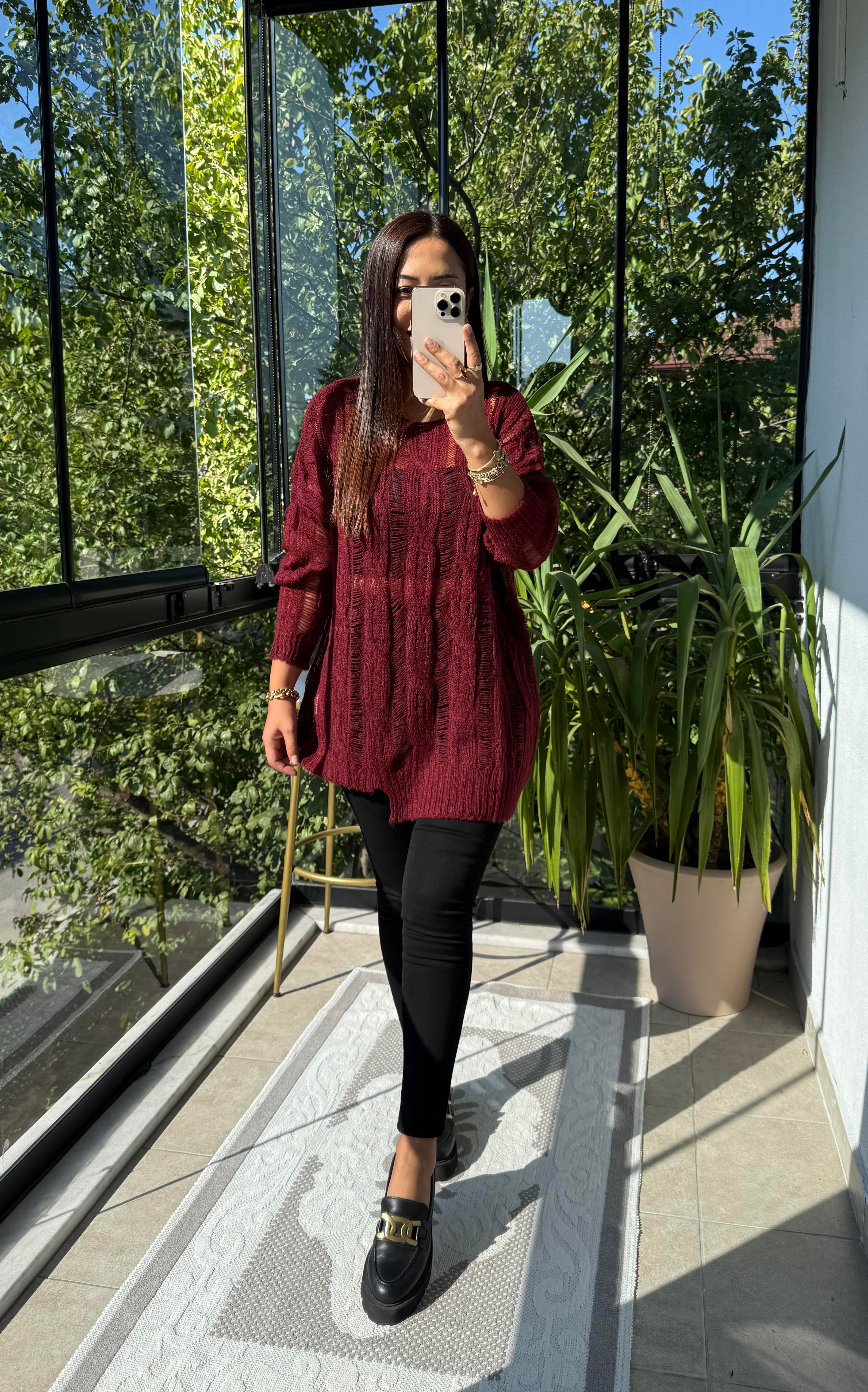 Saç Örgülü Ajurlu Kazak Bordo