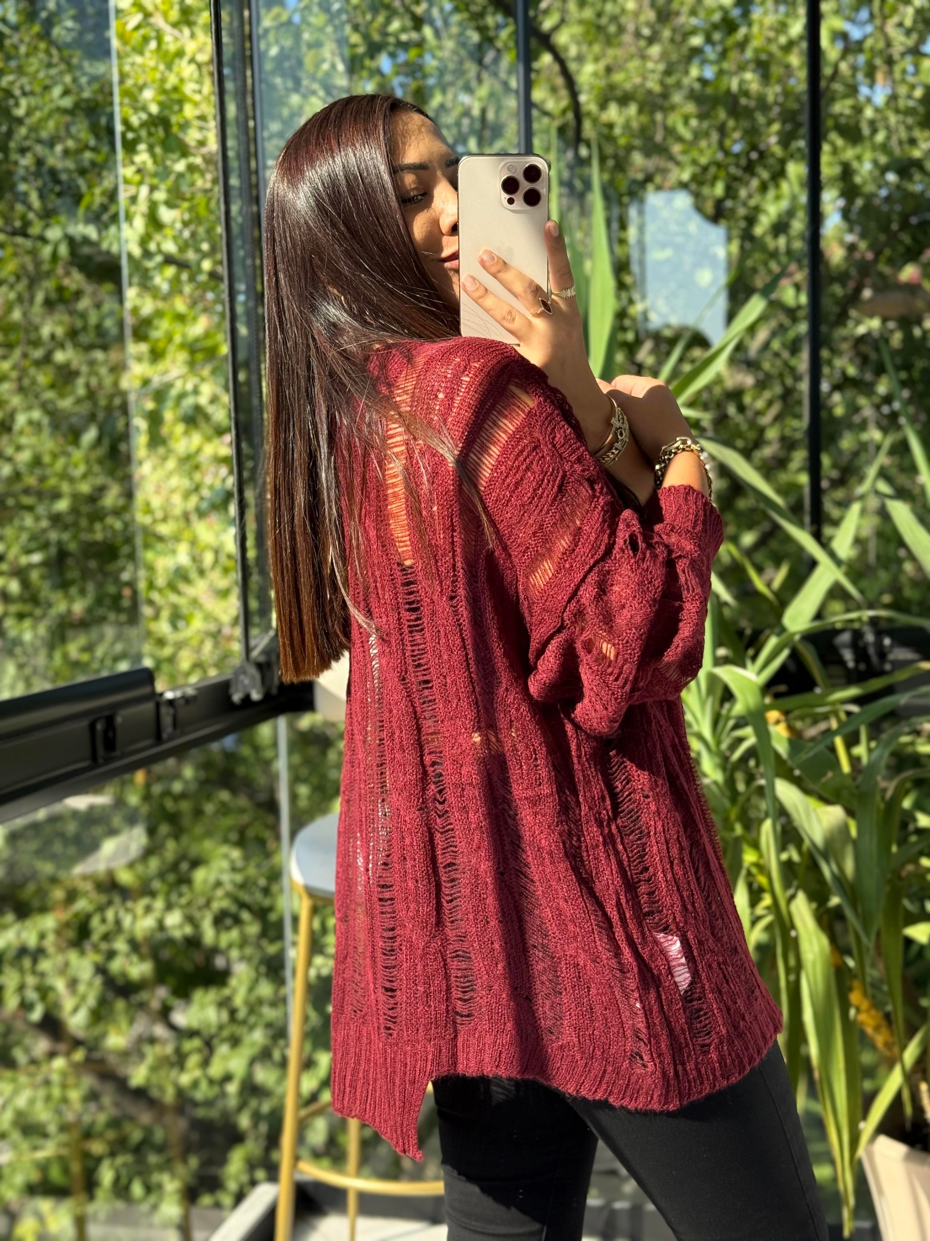 Saç Örgülü Ajurlu Kazak Bordo