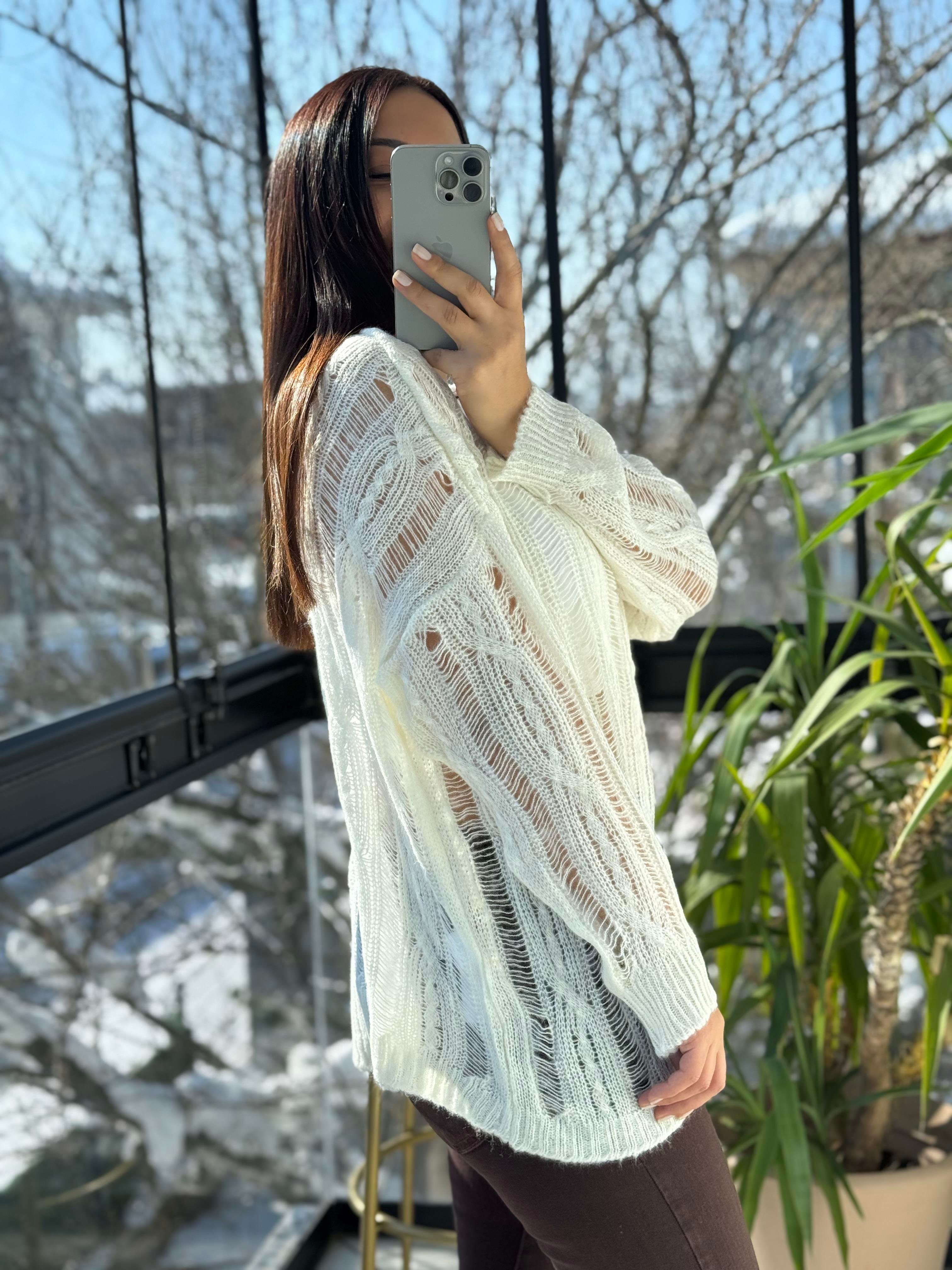 Saç Örgülü Ajurlu Kazak Ekru