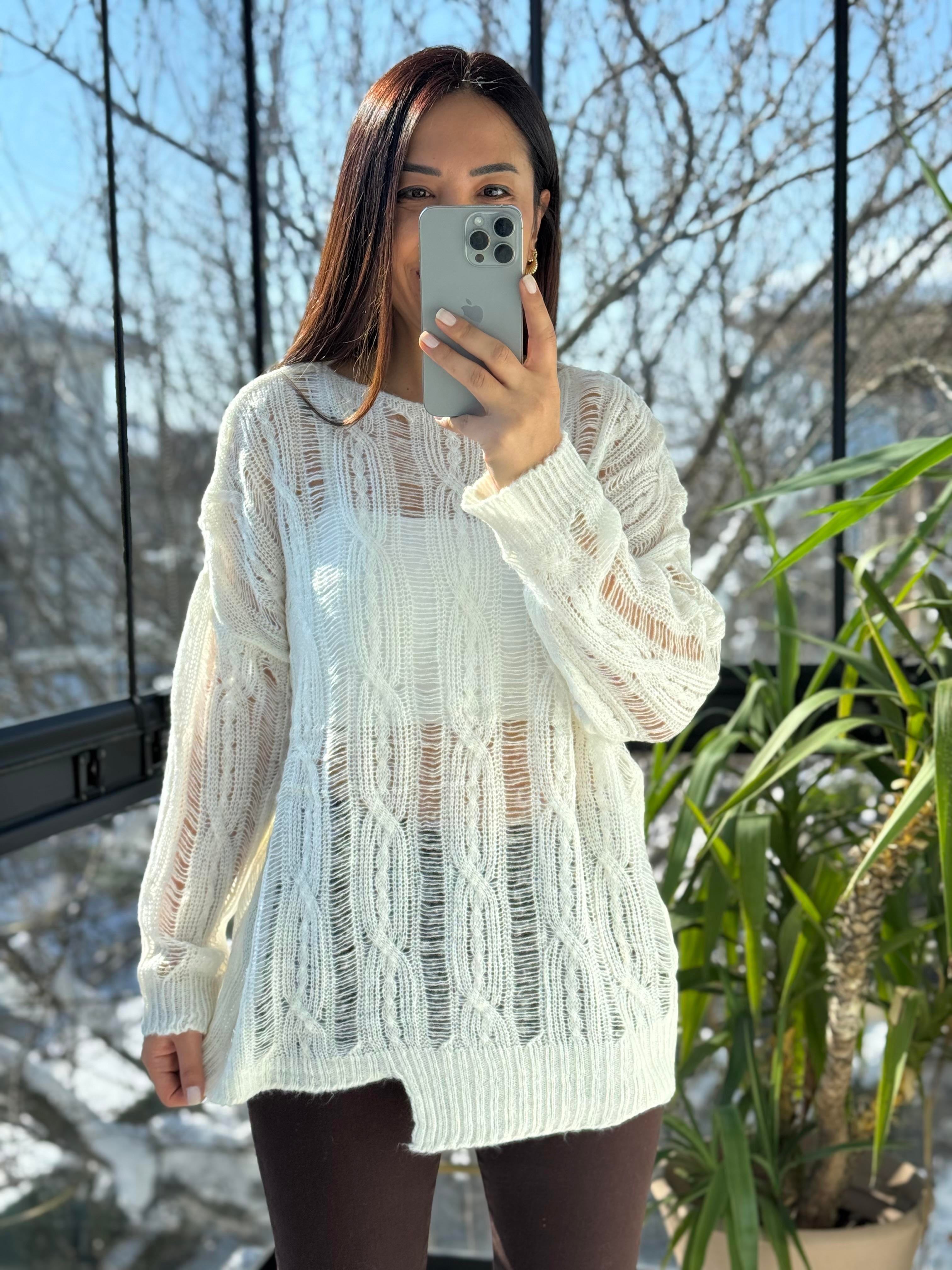 Saç Örgülü Ajurlu Kazak Ekru