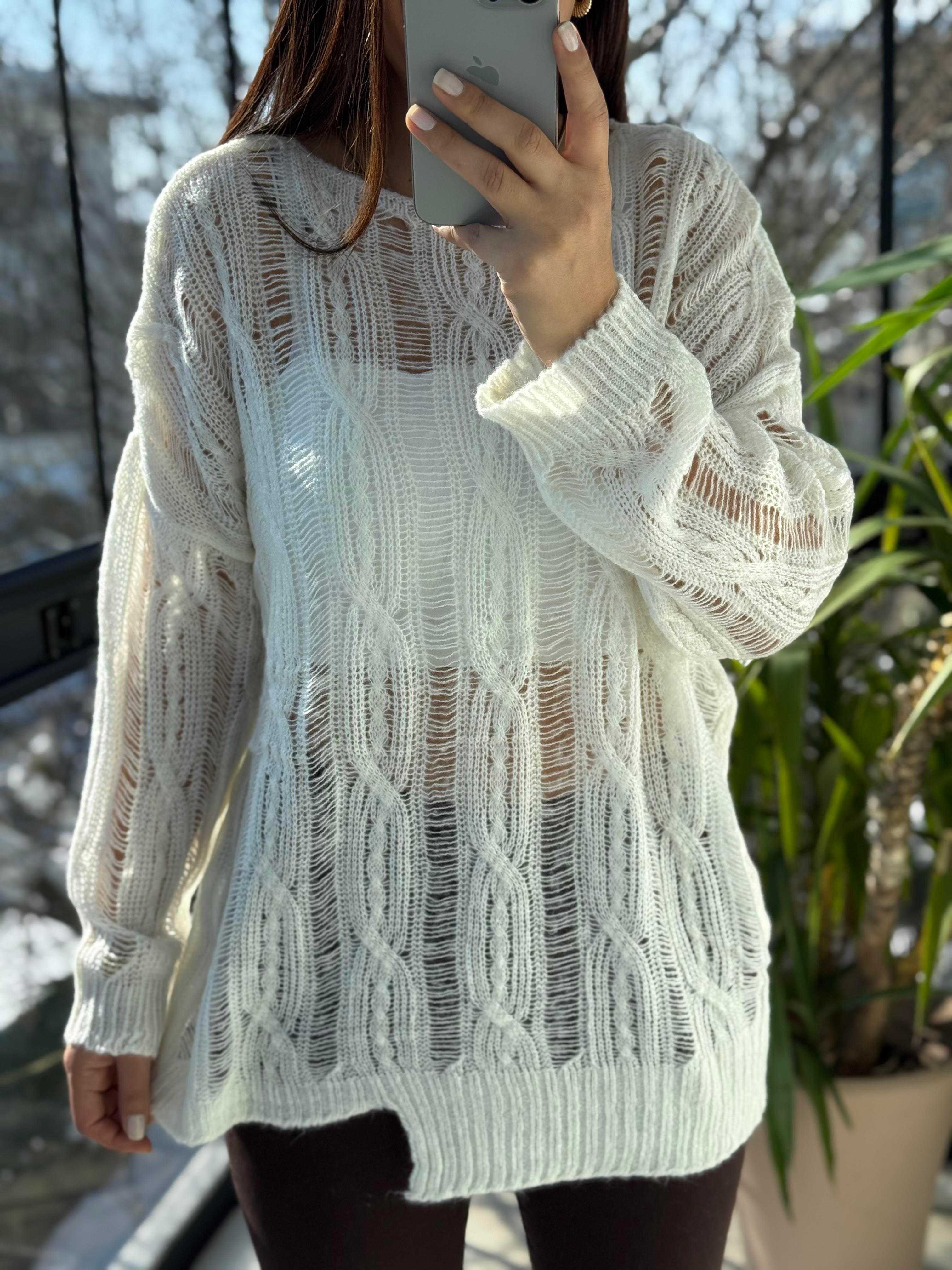 Saç Örgülü Ajurlu Kazak Ekru