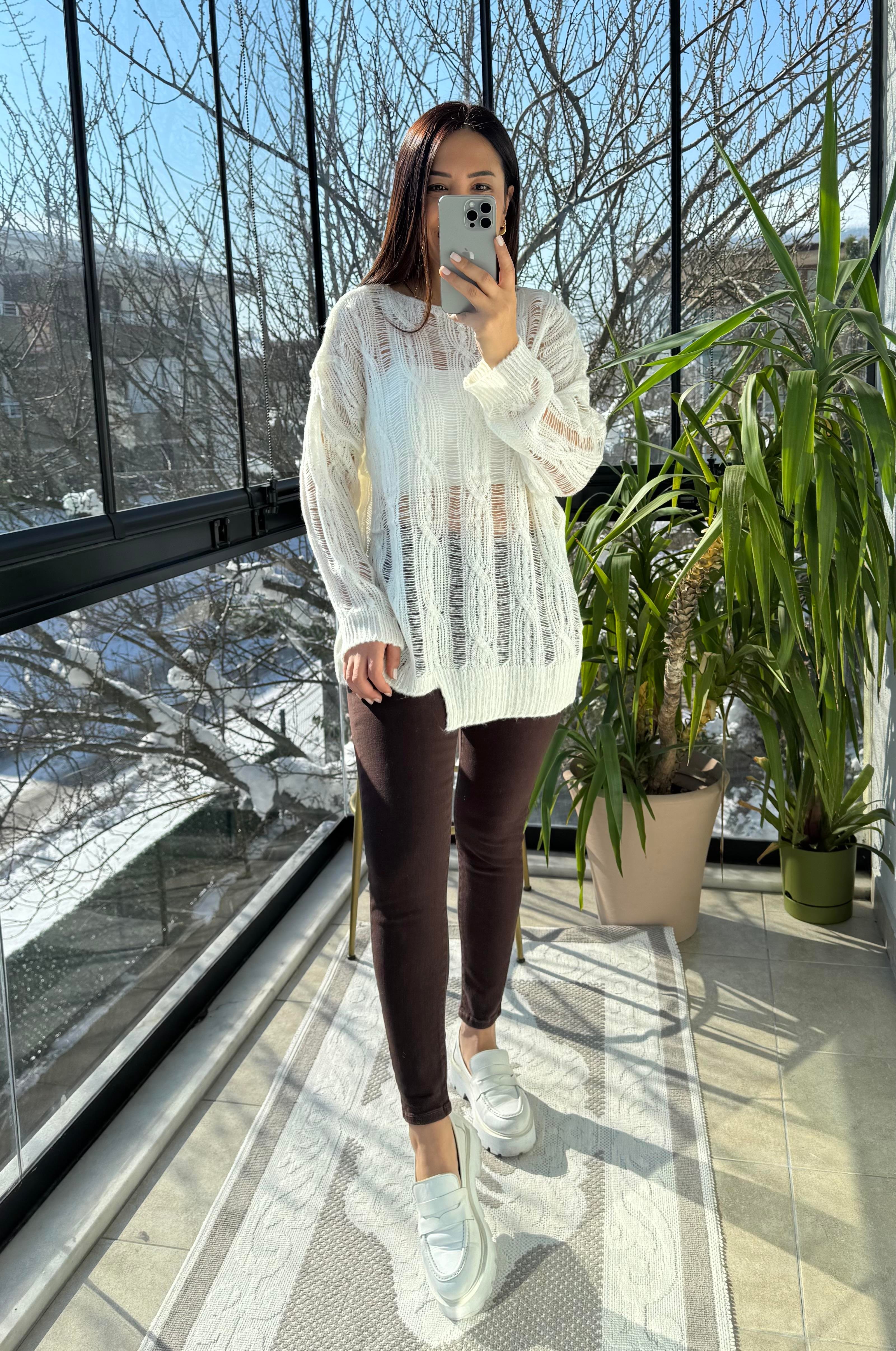 Saç Örgülü Ajurlu Kazak Ekru