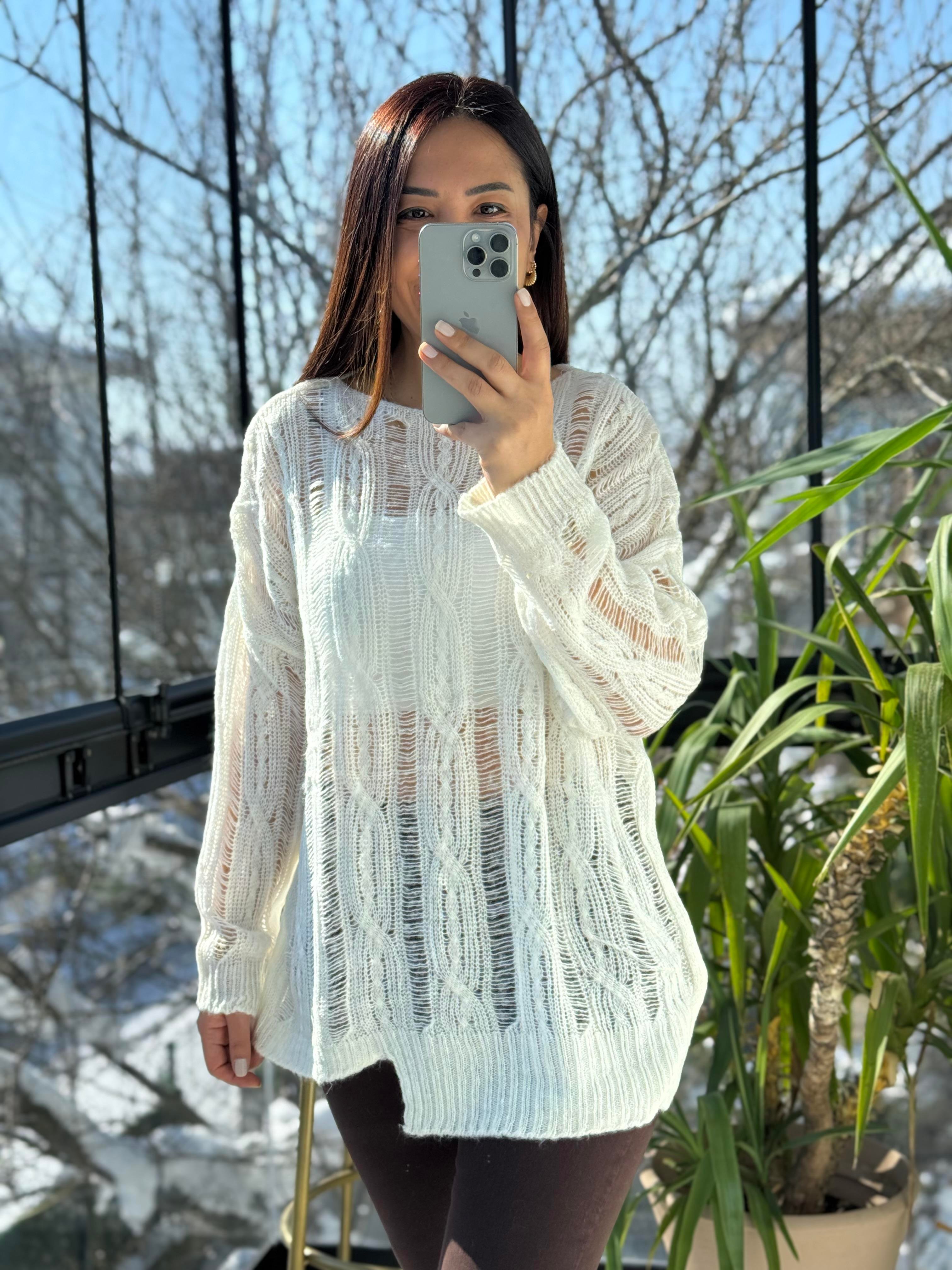 Saç Örgülü Ajurlu Kazak Ekru