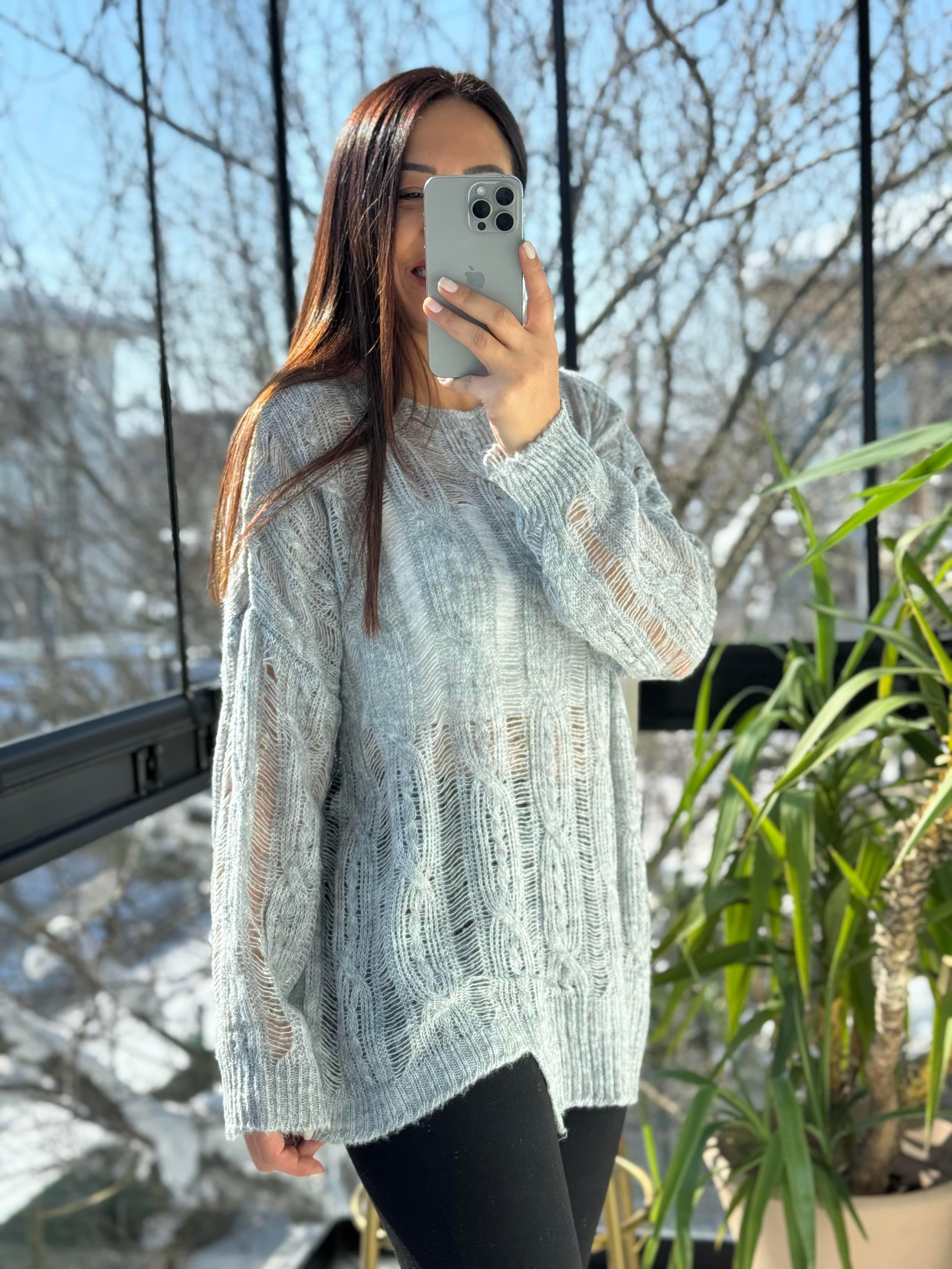 Saç Örgülü Ajurlu Kazak Gri