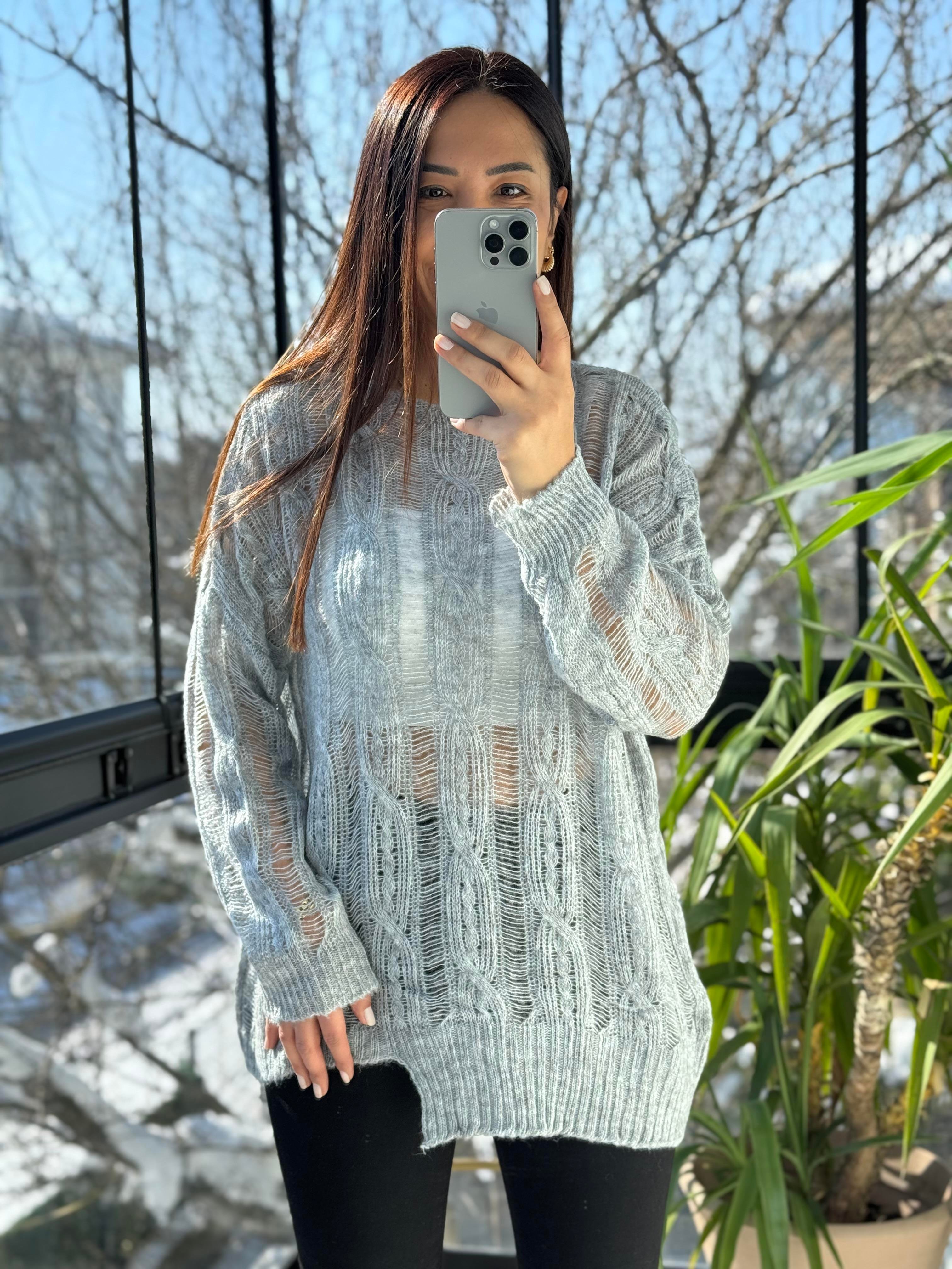 Saç Örgülü Ajurlu Kazak Gri