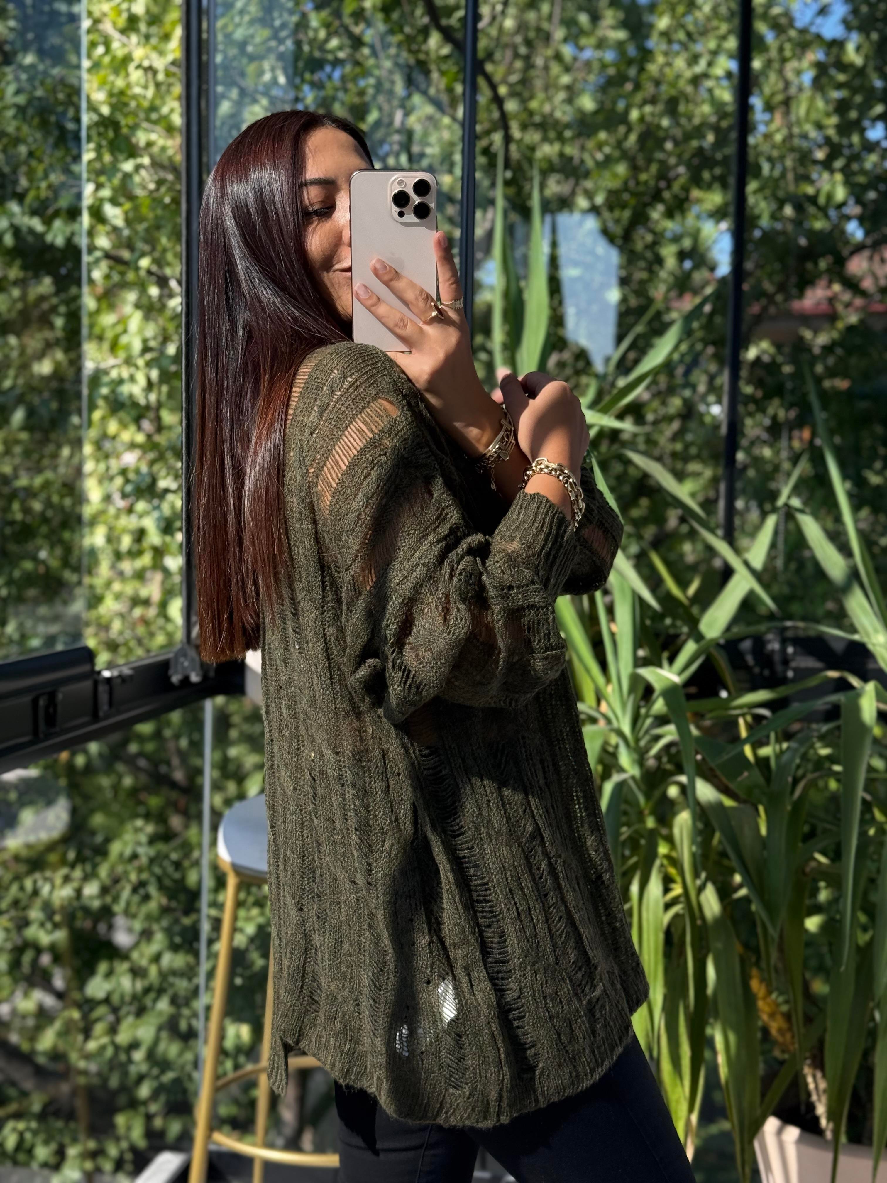 Saç Örgülü Ajurlu Kazak haki Yeşili