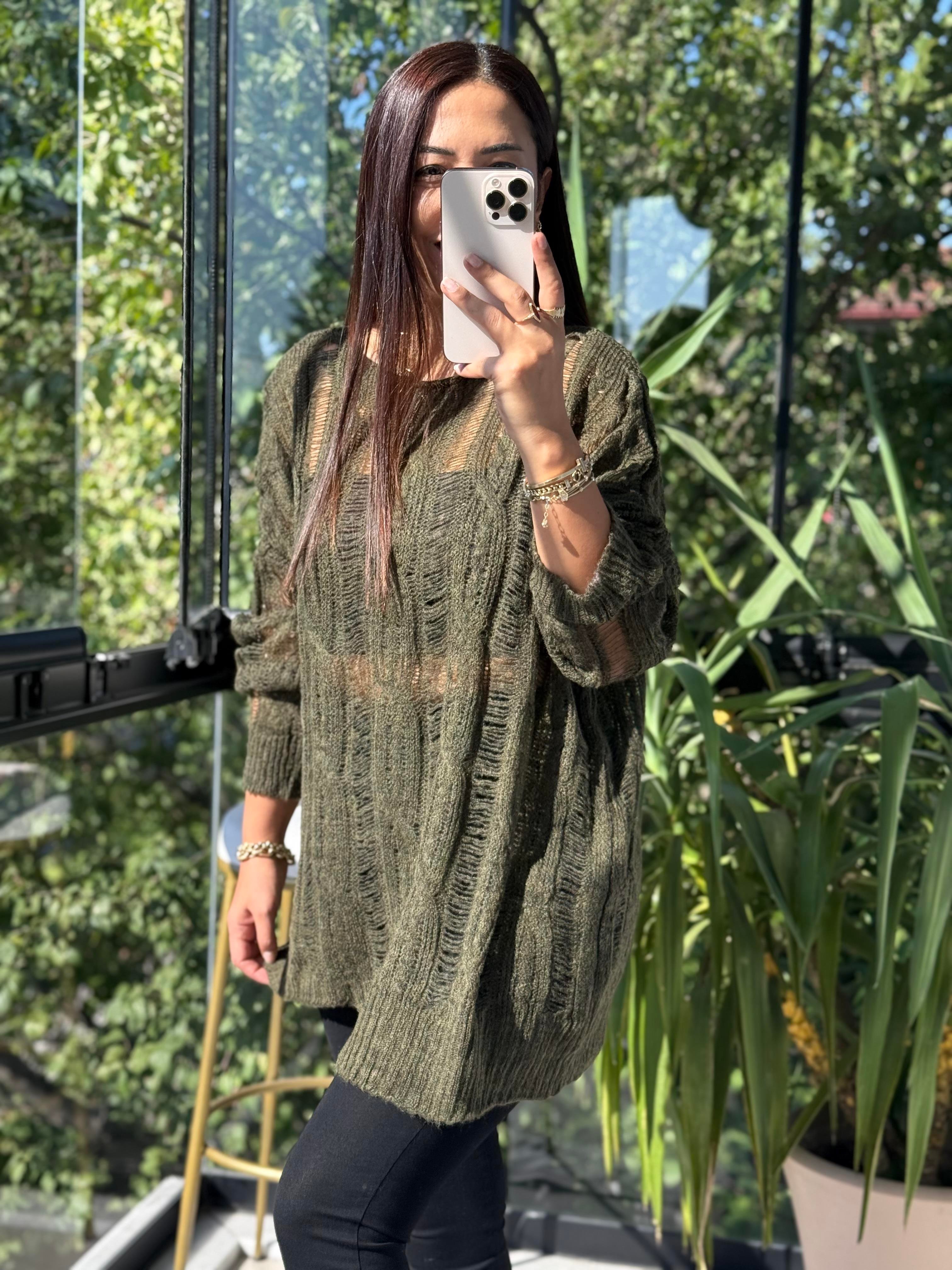 Saç Örgülü Ajurlu Kazak haki Yeşili