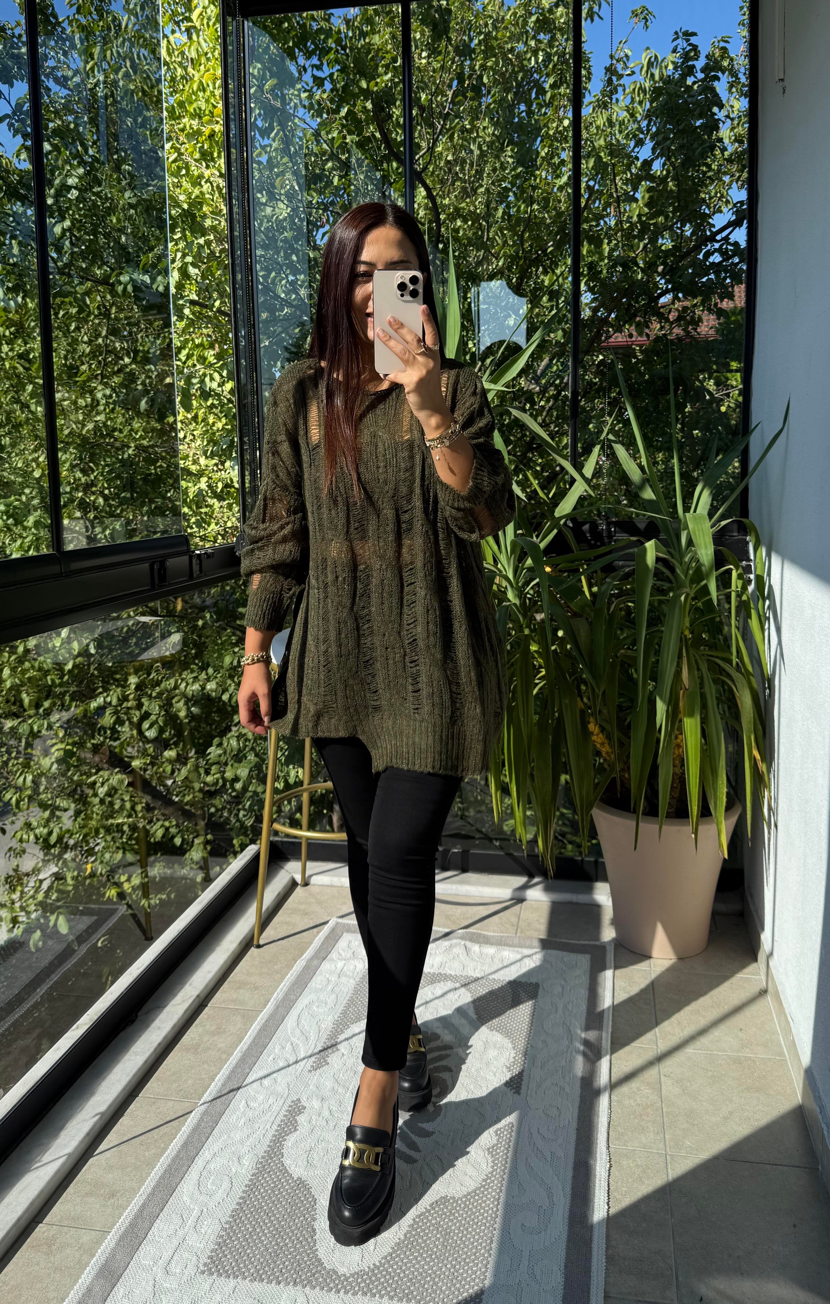 Saç Örgülü Ajurlu Kazak haki Yeşili