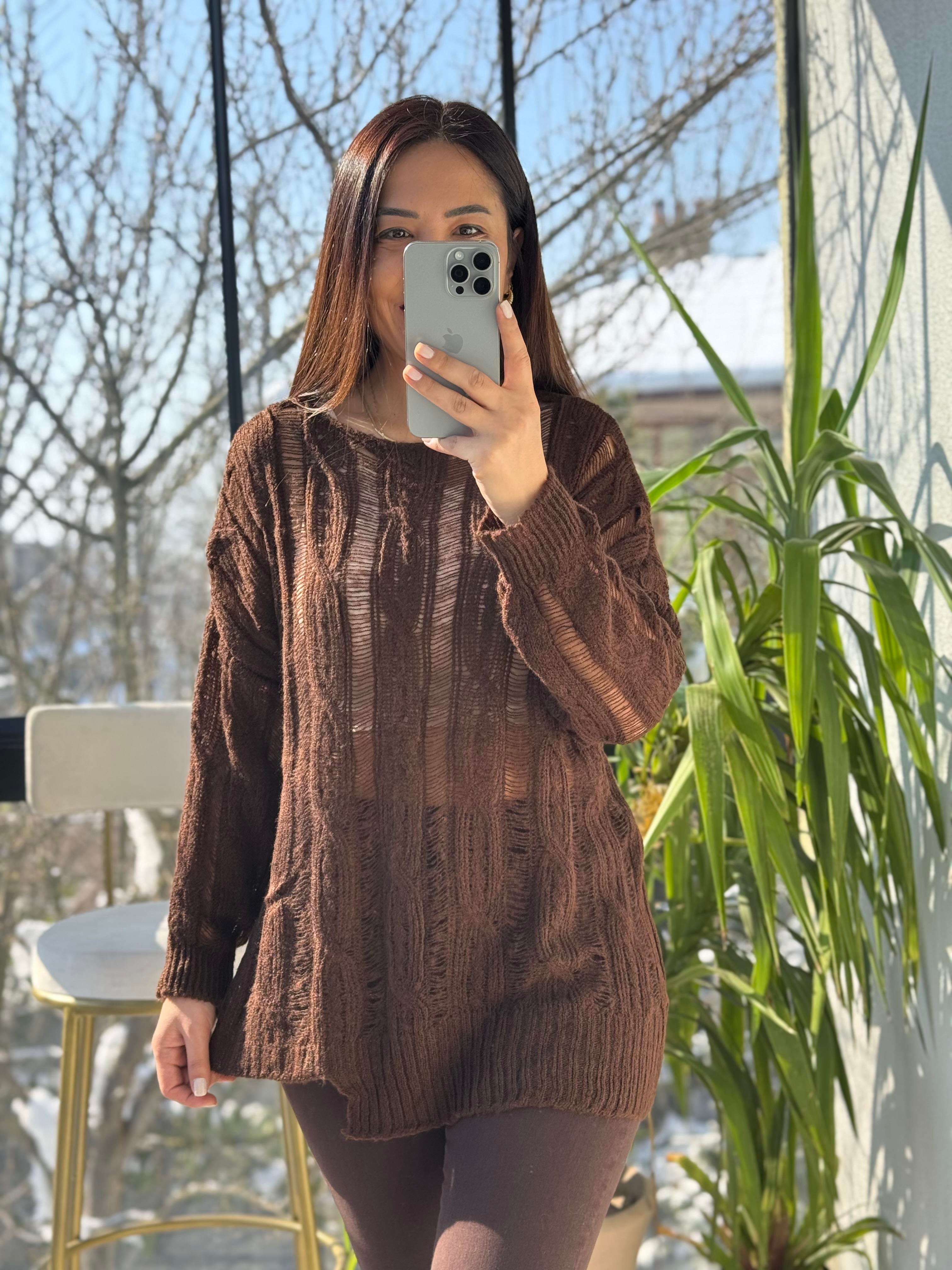 Saç Örgülü Ajurlu Kazak Kahve