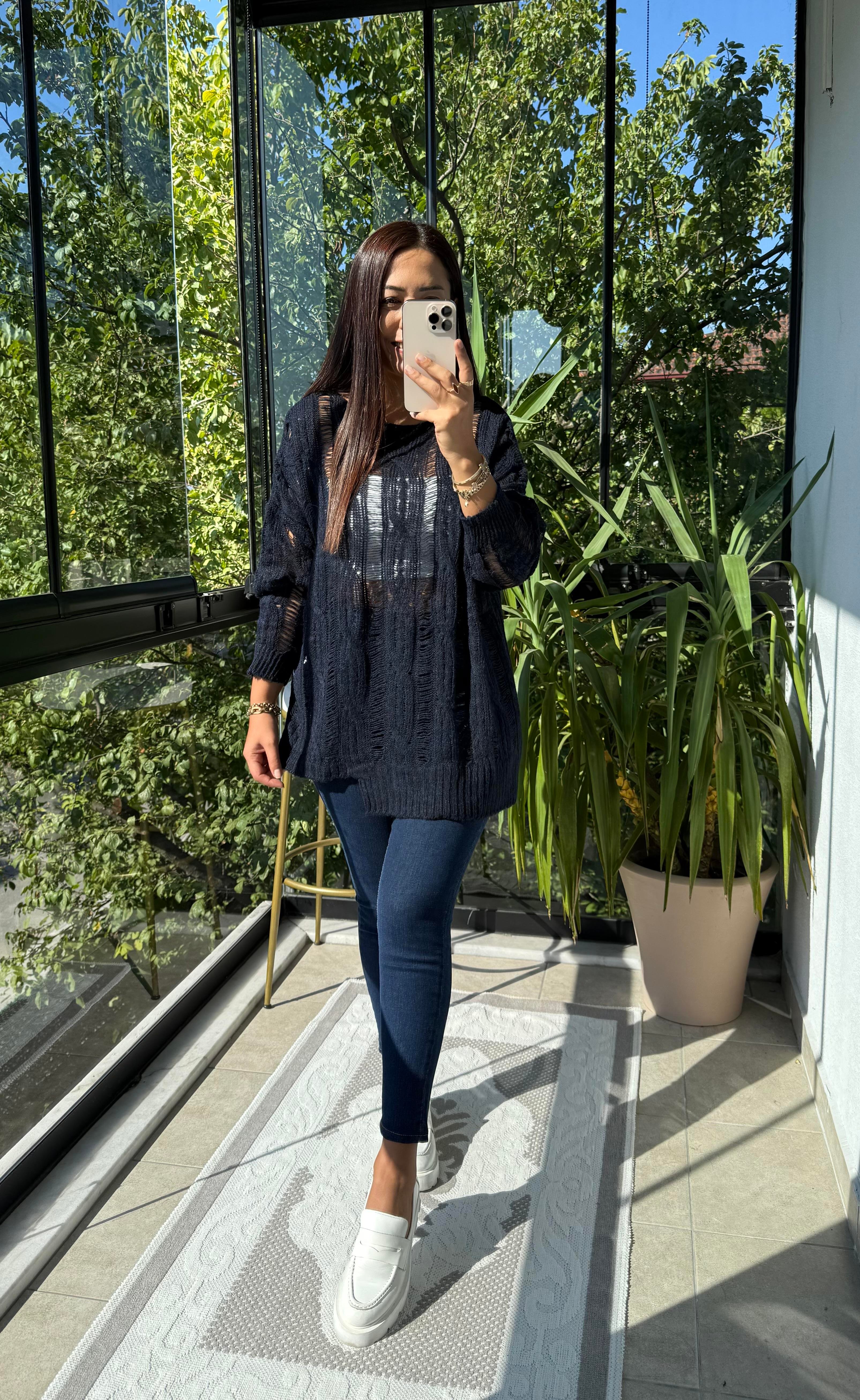 Saç Örgülü Ajurlu Kazak Lacivert