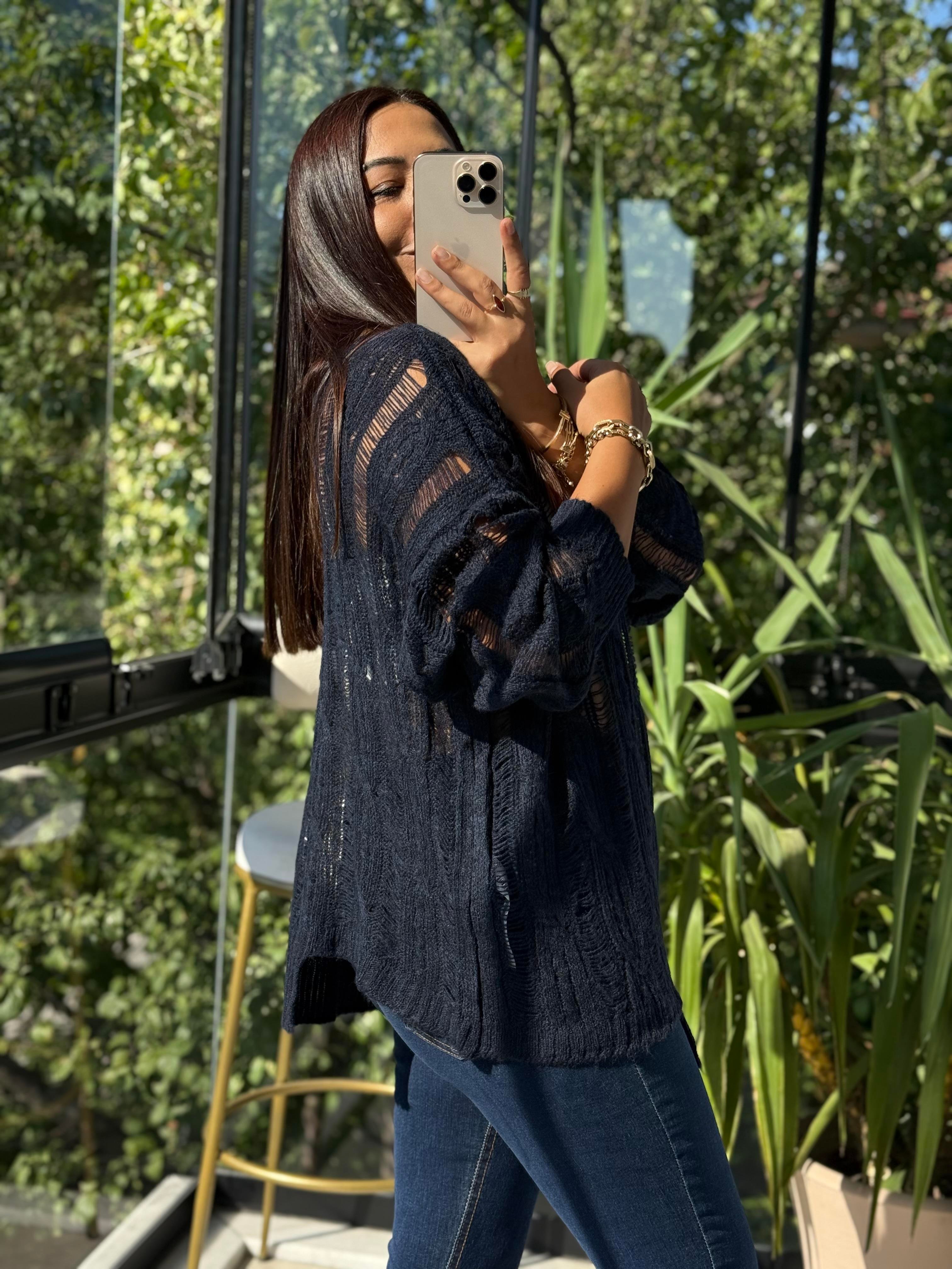 Saç Örgülü Ajurlu Kazak Lacivert